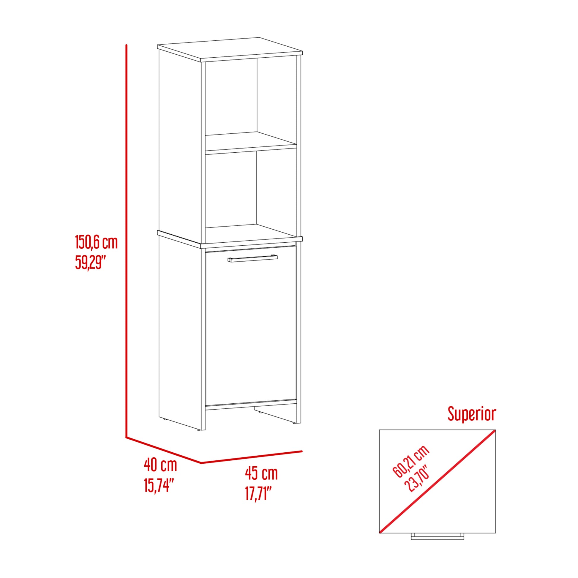 Kitchen Pantry 59" H, Two Open Storage Shelves, Single Door Cabinet, Two Interior Shelves, White White Particle Board Particle Board