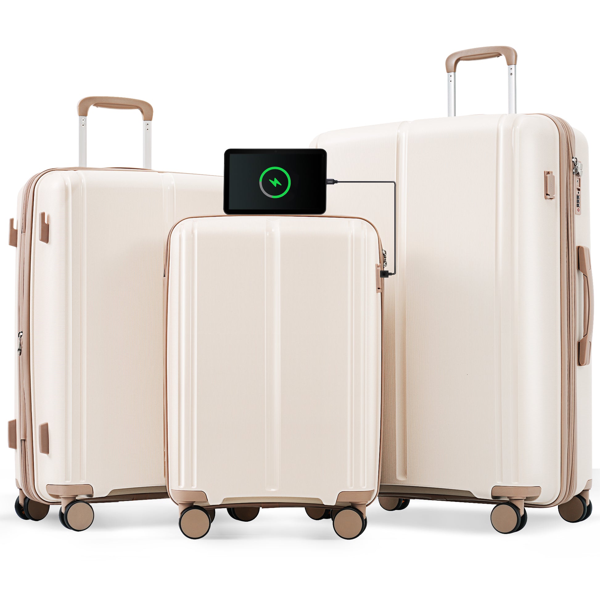 Luggage Sets 3 Piece Suitcase Set 20 24 28 With Usb Port,Carry On Luggage Airline Approved,Pp Lightweight Suitcase With Spinner Wheels,Ivory And Golden Ivory Gold Polypropylene