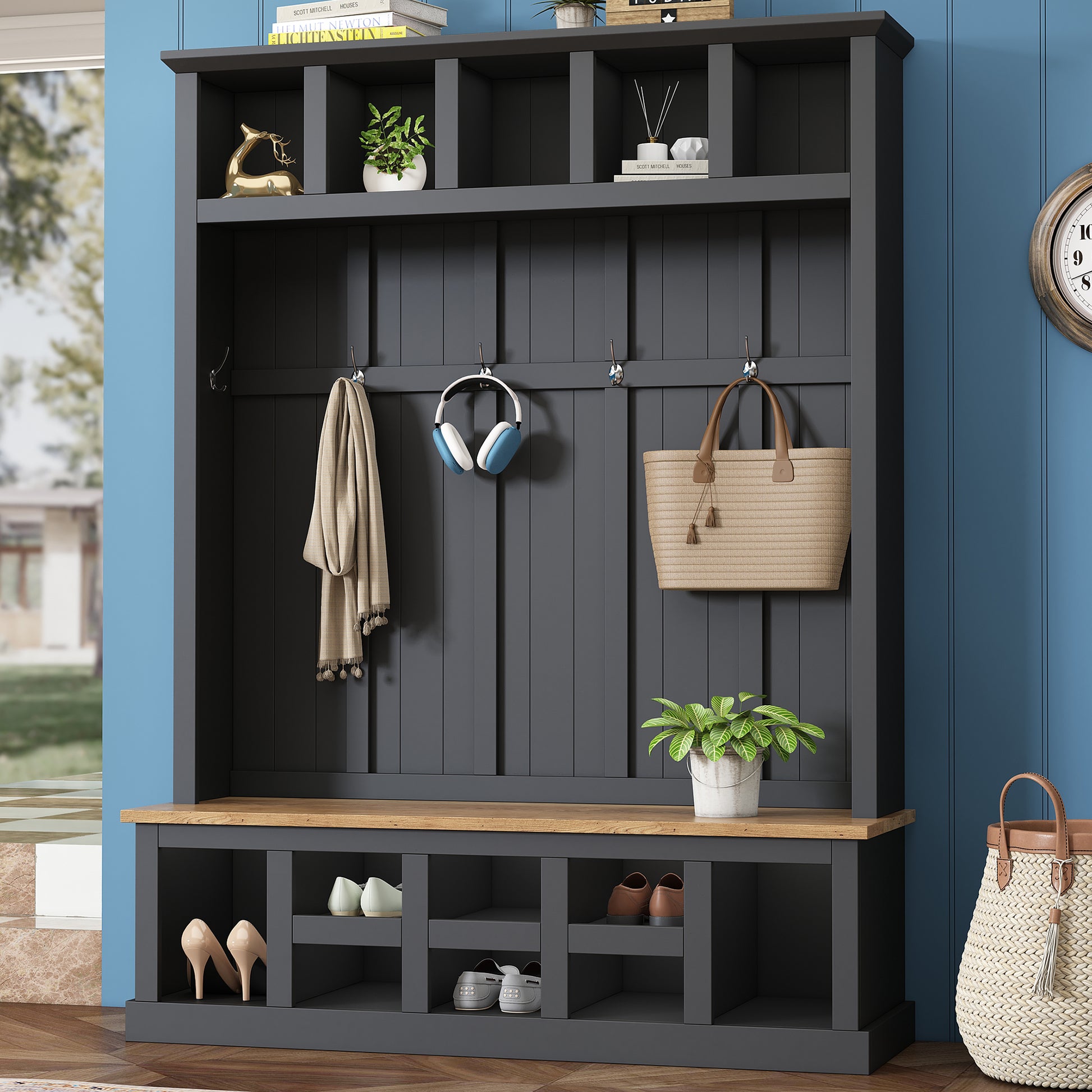 Farmhouse Wooden Style 78''H Modern Hall Tree With Wide Storage Seating Bench, Entryway Shoe Cabinet With 13 Compartments, Elegant Coat Rack With 6 Hooks For Mudroom, Living Room, Black Black Primary Living Space Particle Board