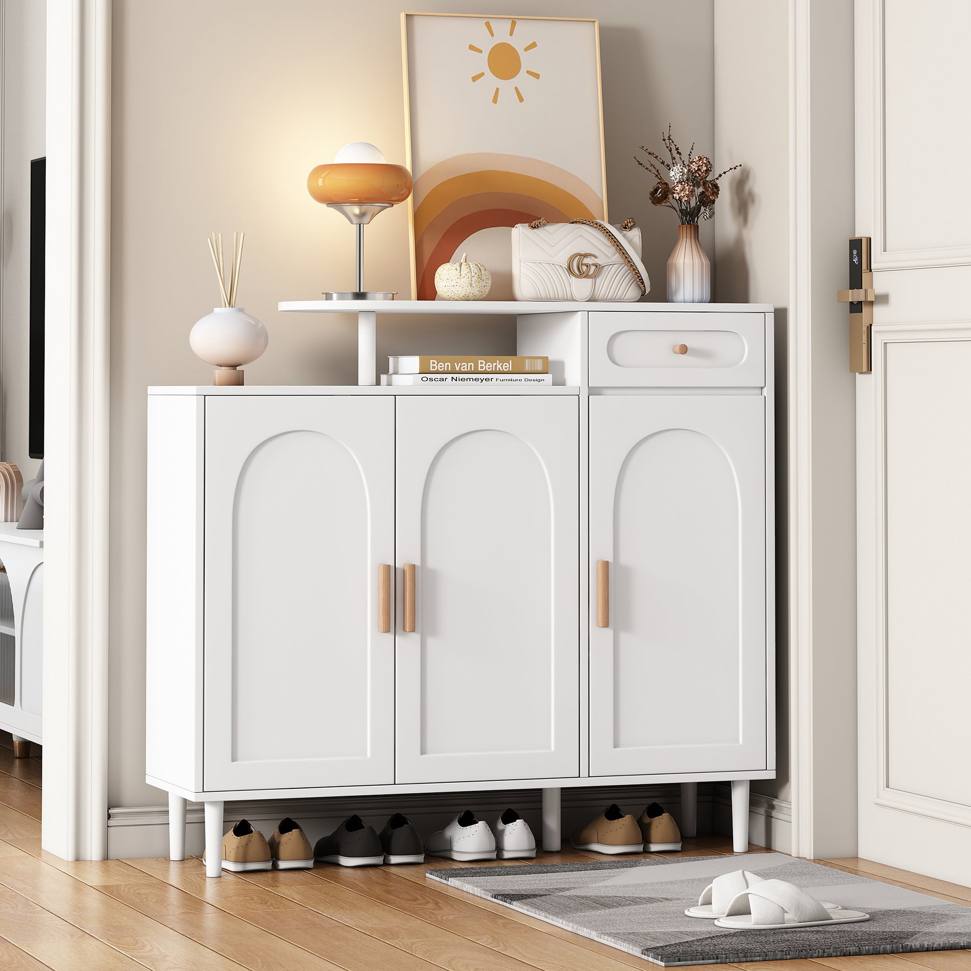 Elegant Shoe Cabinet With Arched Doors And Drawer, Cream Style Storage