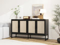 Rattan 4 Door Sideboardsideboard Buffet Storage Cabinet,Accent Storage Cabinetlarge Cabinet With 4 Rattan Decorated Doors For Living Room Dining Room Black Modern Particle Board Mdf