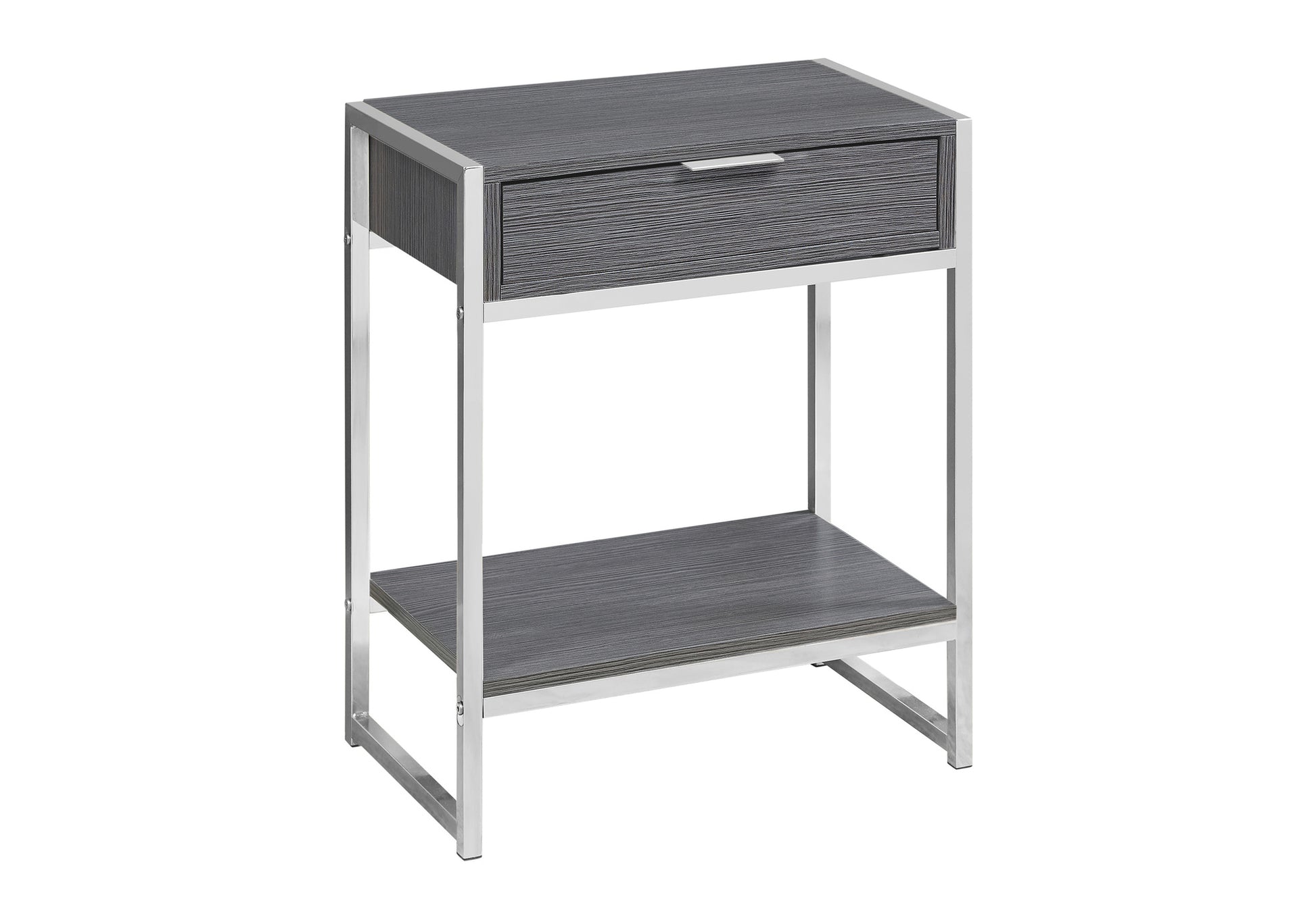 Accent Table, Side, End, Nightstand, Lamp, Storage Drawer, Living Room, Bedroom, Grey Laminate, Chrome Metal, Contemporary, Modern Grey Particle Board