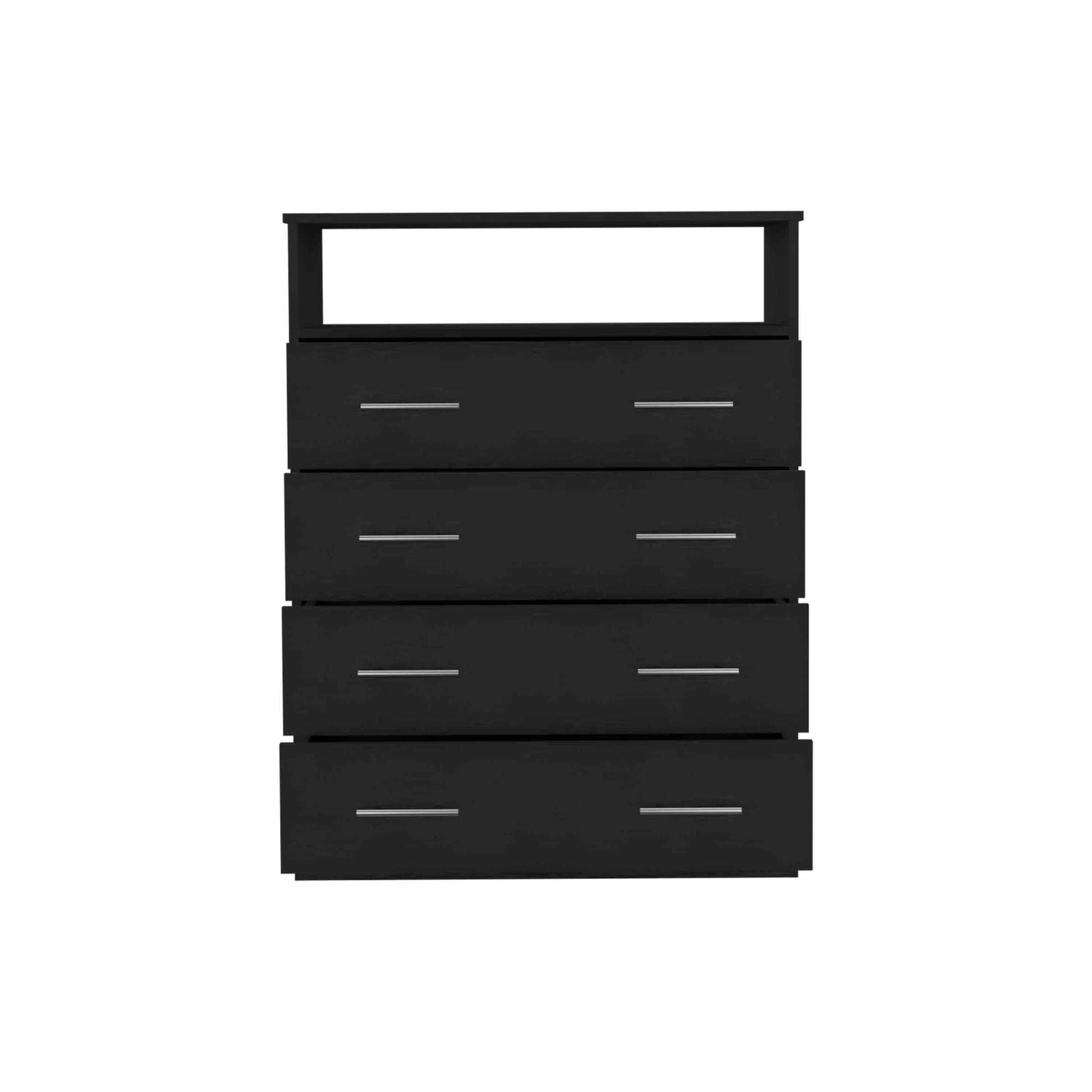 Four Drawer Dresser, Superior Top, One Open Shelf, Black Black Solid Wood Mdf Engineered Wood