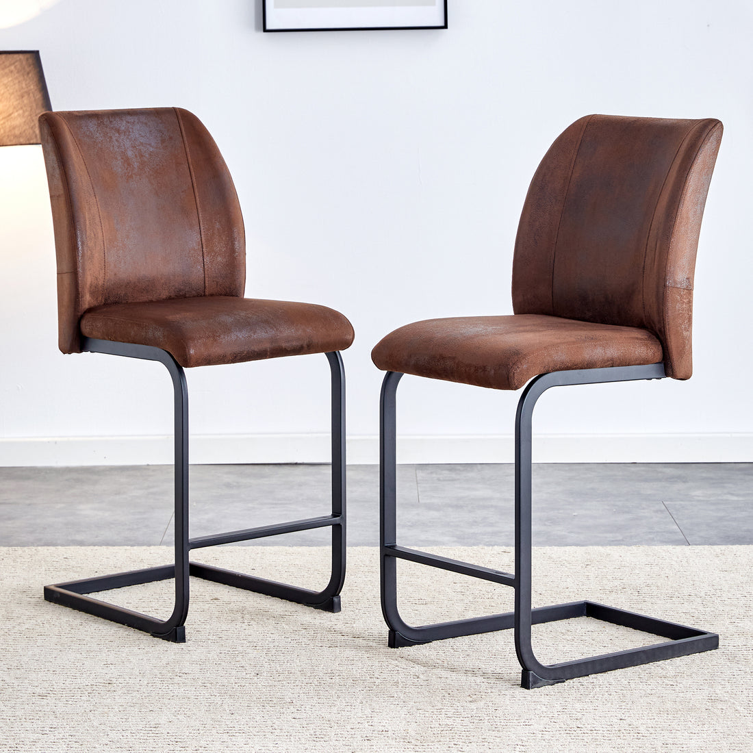 A Set Of Two Brown Chairs, Including Suede Cushions And Black Metal Legs. Small Size, Suitable For Select Groups, Suitable For Dining Room, Kitchen, Terrace And Guest Office Chairs Set Of 2 Black Brown Metal