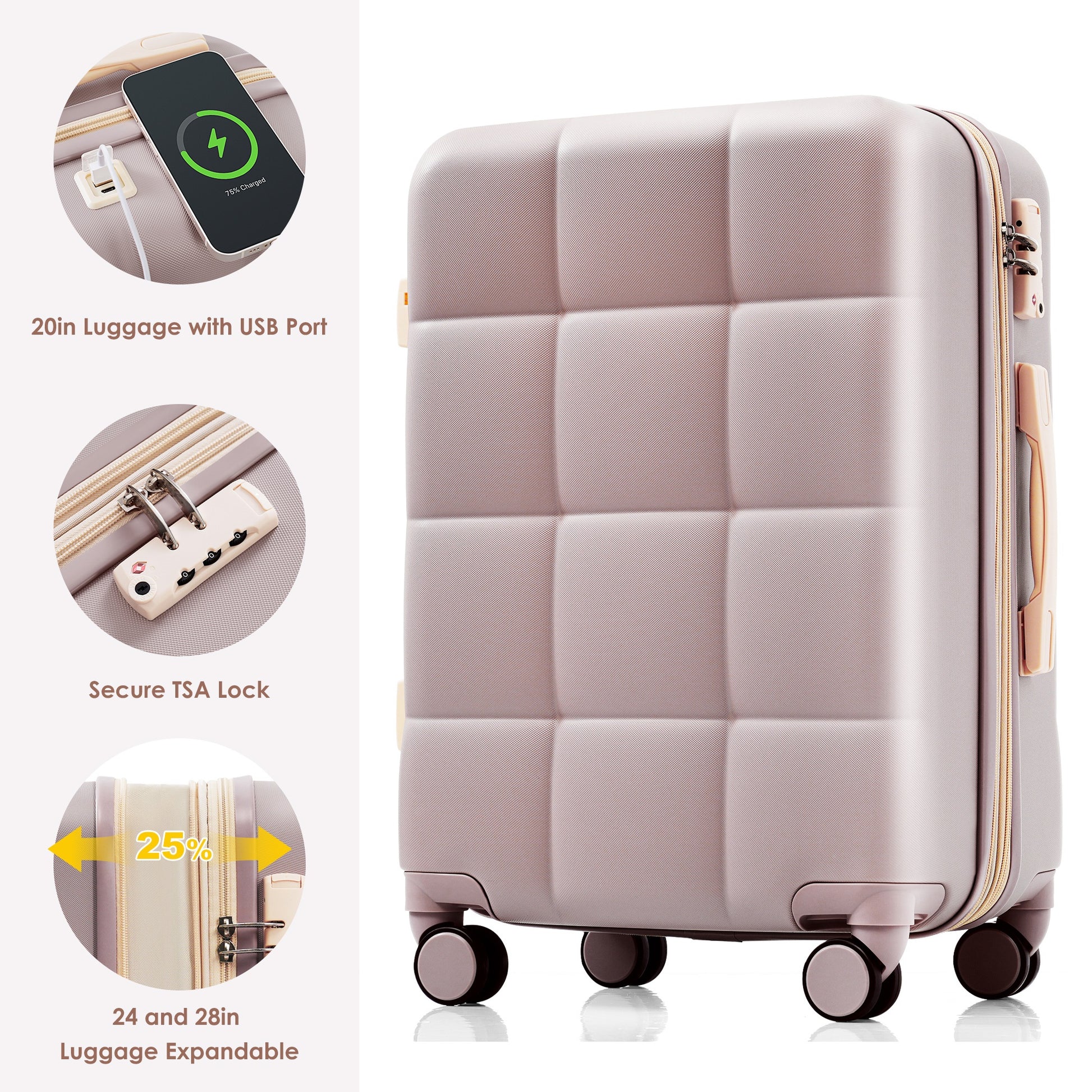 Luggage Sets 4 Piece, 20 Inch With Usb Port, Expandable Abs Durable Suitcase With Travel Bag, Cup Holder, Abs Hard Shell Luggage With Spinner Wheels, Rosybrown Brown Abs