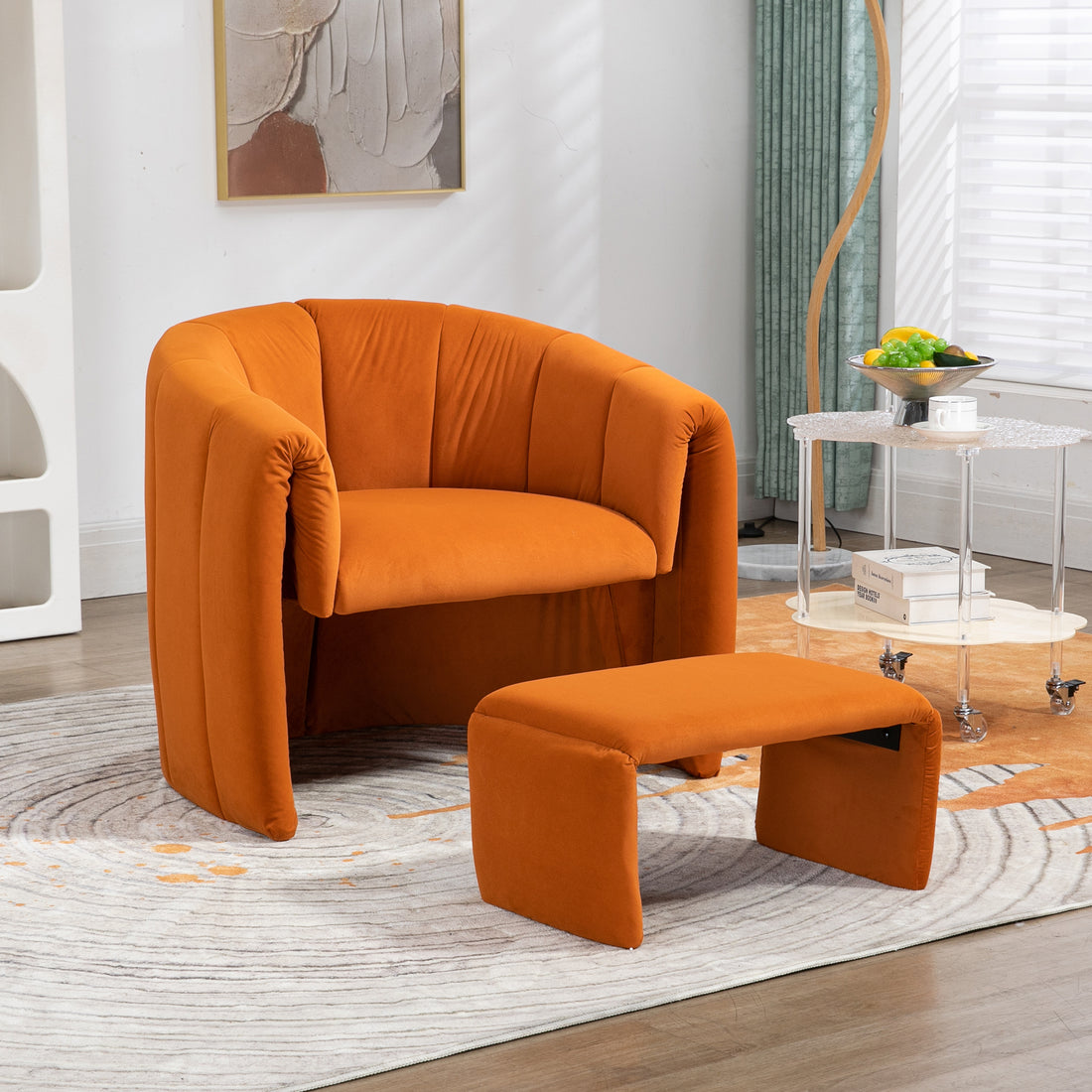 Coolmore Accent Chair With Ottoman, Mid Century Modern Barrel Chair Upholstered Club Tub Round Arms Chair For Living Room Bedroom Office Orange Velvet Orange Foam Velvet