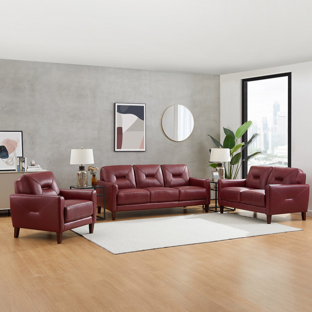 Mavis Leather Sofa Red Memory Foam Genuine Leather 3 Seat