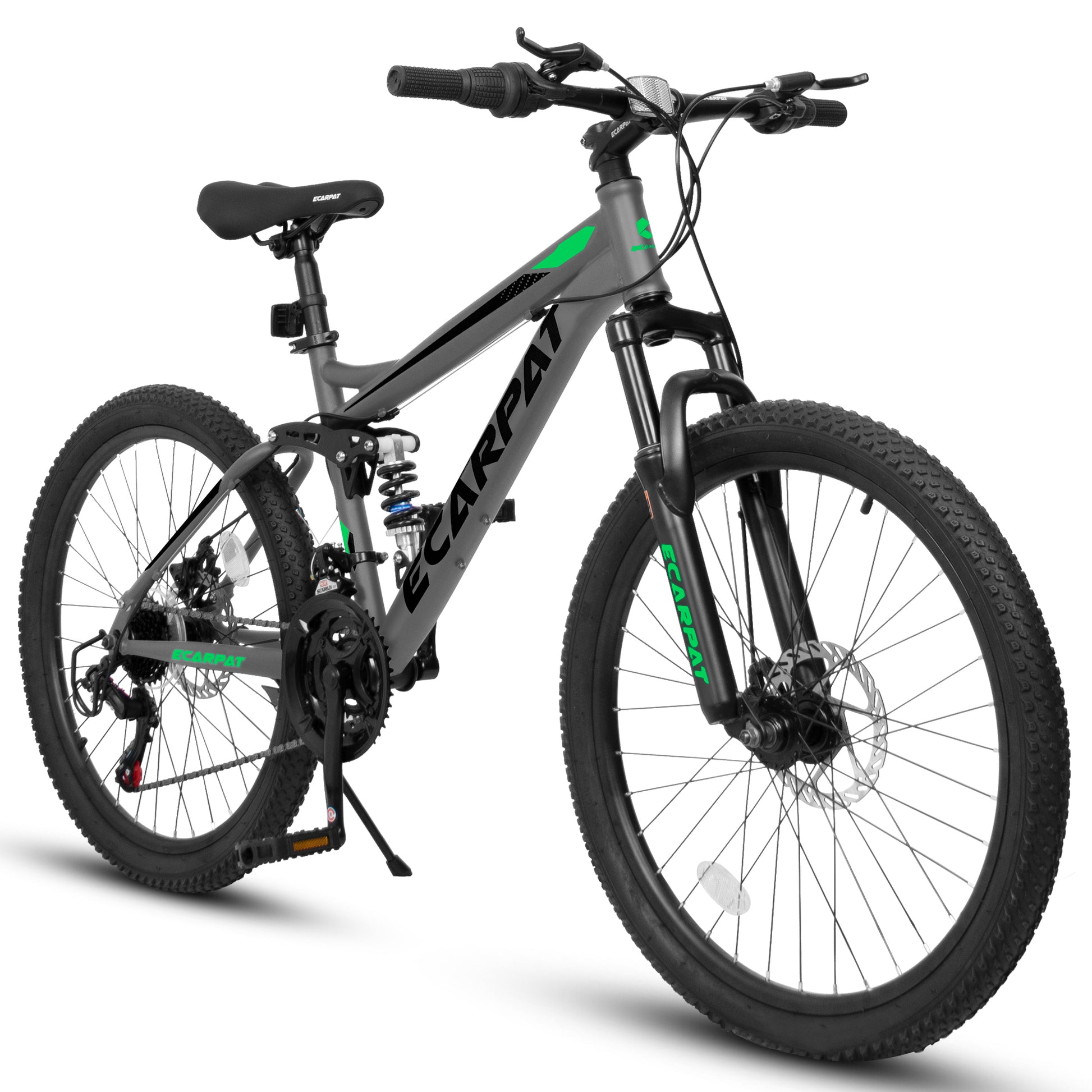 Ecarpat Mountain Bike 24 Inch Wheels, 21 Speed Full Suspension Mens Womens Trail Commuter City Mountain Bike, High Carbon Steel Frame Disc Brakes Grip Shifter Front Fork Rear Shock Absorber Bicycles Cycling Gray Without Durable Garden & Outdoor