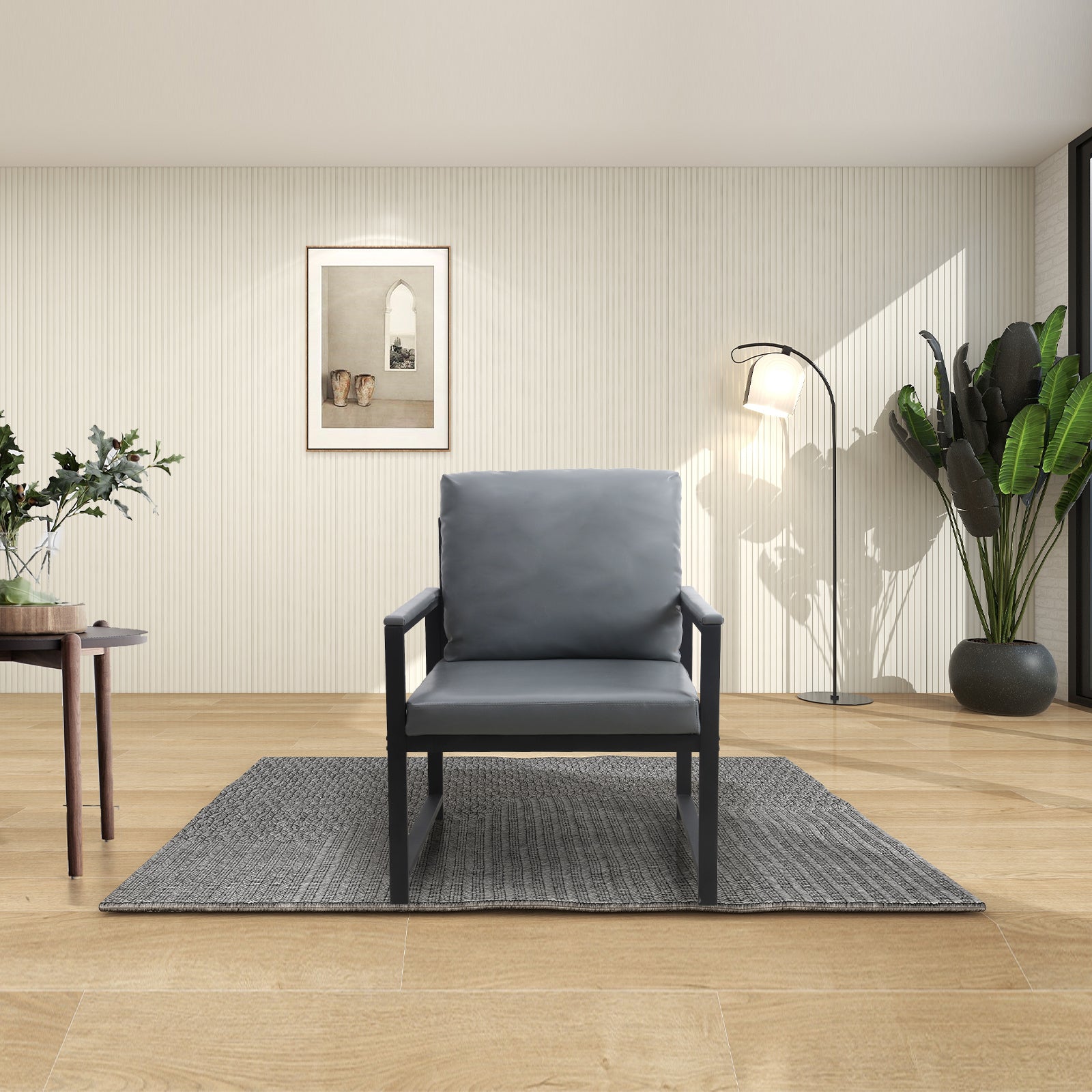 Lounge, Living Room, Office Or The Reception Area Pvc Leather Accent Arm Chair With Extra Thick Padded Backrest And Seat Cushion Sofa Chairs,Non Slip Adsorption Feet,Sturdy Metal Frame,Gray Gray Polyvinyl Chloride