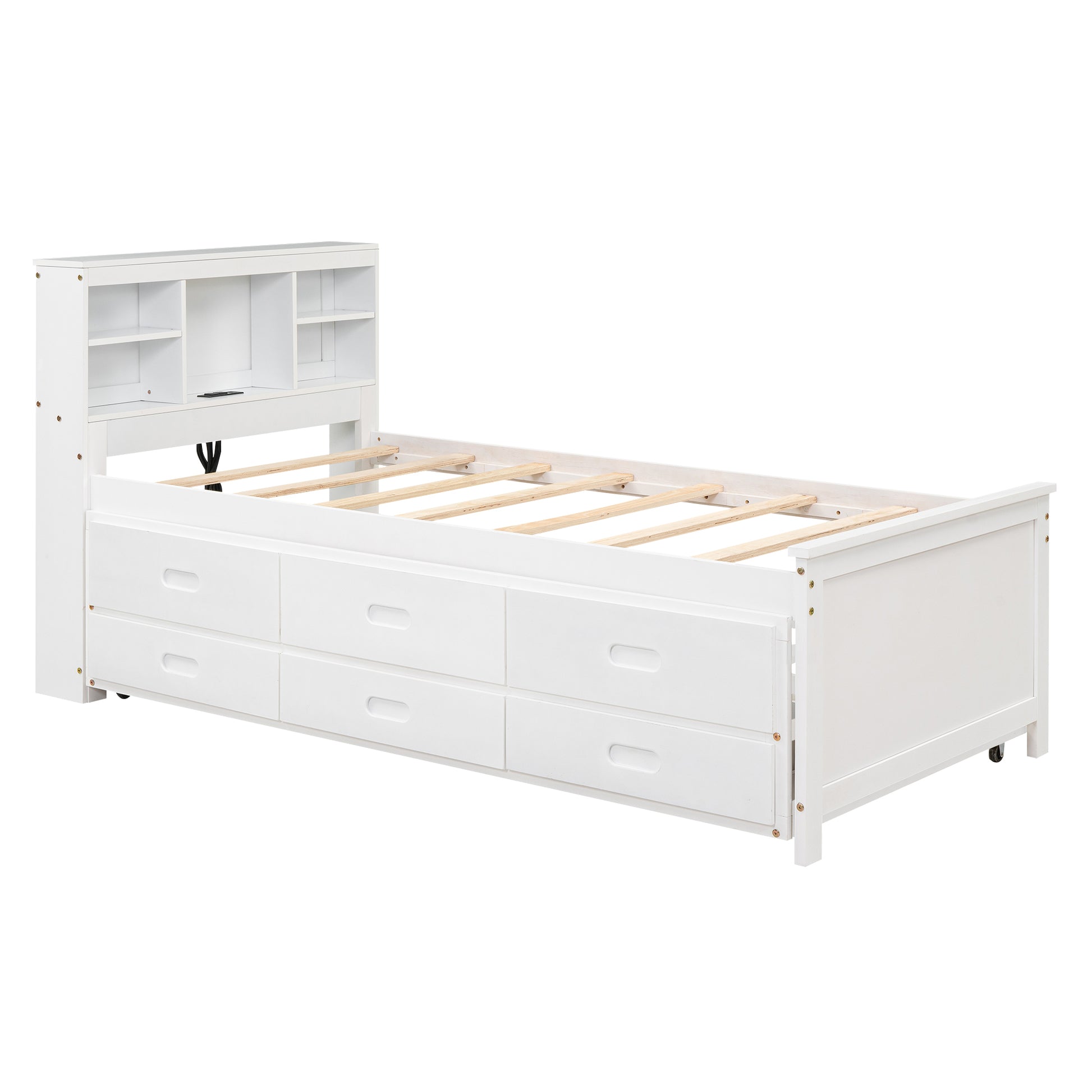 Twin Size Platform Bed With Storage Headboard, Usb, Twin Size Trundle And 3 Drawers, White Box Spring Not Required Twin White Wood Bedroom Bed Frame Solid Wood Mdf