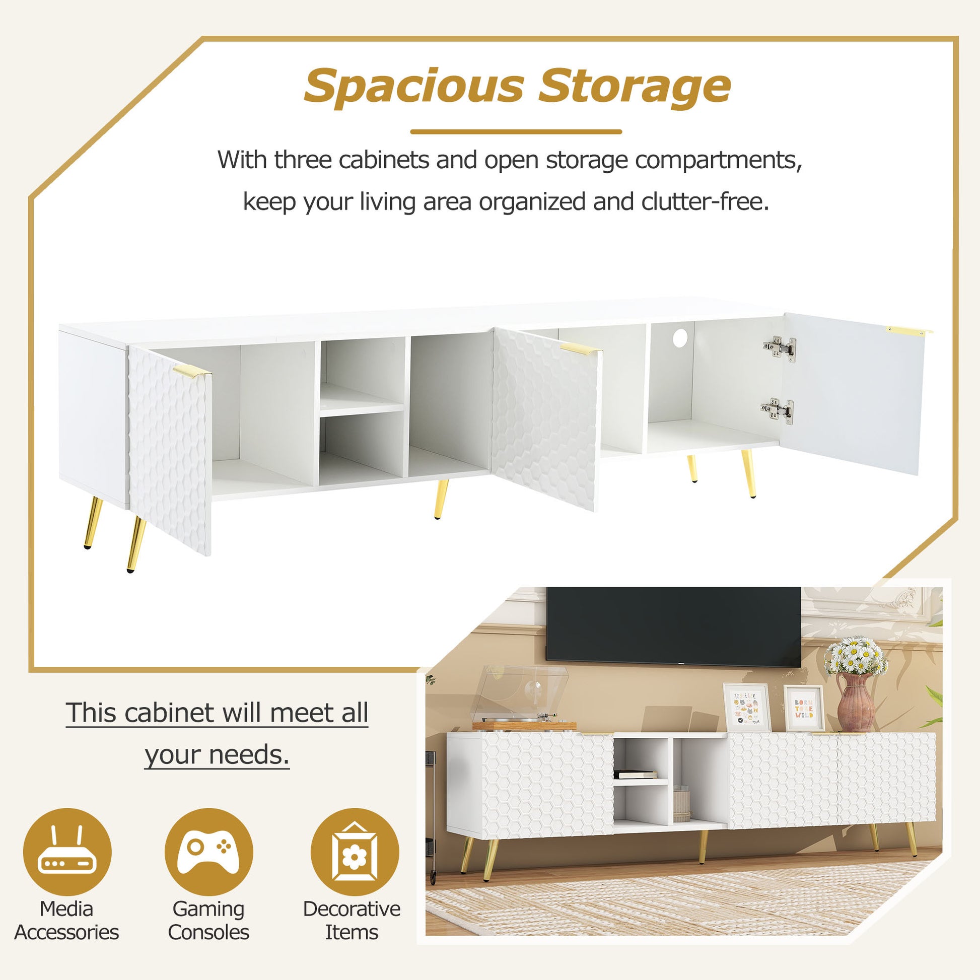 Modern Minimalist Geometric Tv Cabinet With Metal Handles And Gold Legs For Tvs Up To 80'', Multi Functional Tv Stand With Storage Cabinets, Entertainment Center For Living Room, White White Gold Primary Living Space 80 89 Inches 80 89 Inches 80 Inches