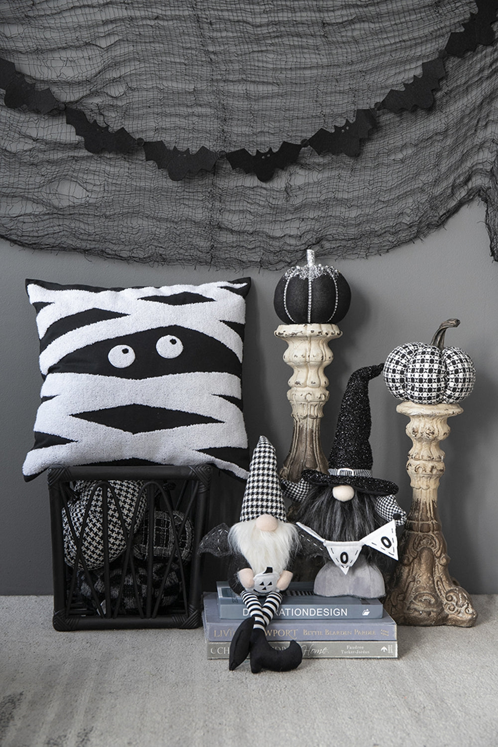 Set Of 2, 4.3X3.5X23.5" Fabric Sitting Black Gnome With Wings & Black White Plaid Hat, For Halloween Decor Black White Polyester