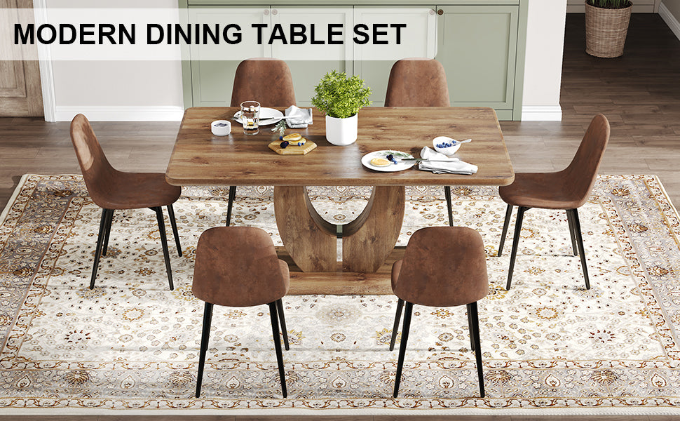 Table And Chair Set.Mdf Rectangular Dining Table, 6 Modern Medieval Style Restaurant Cushioned Side Chairs With With Soft Cushions And Black Metal Legs.Suitable For Restaurants, Living Rooms, Kitchen. Brown Seats 6 Mdf Metal