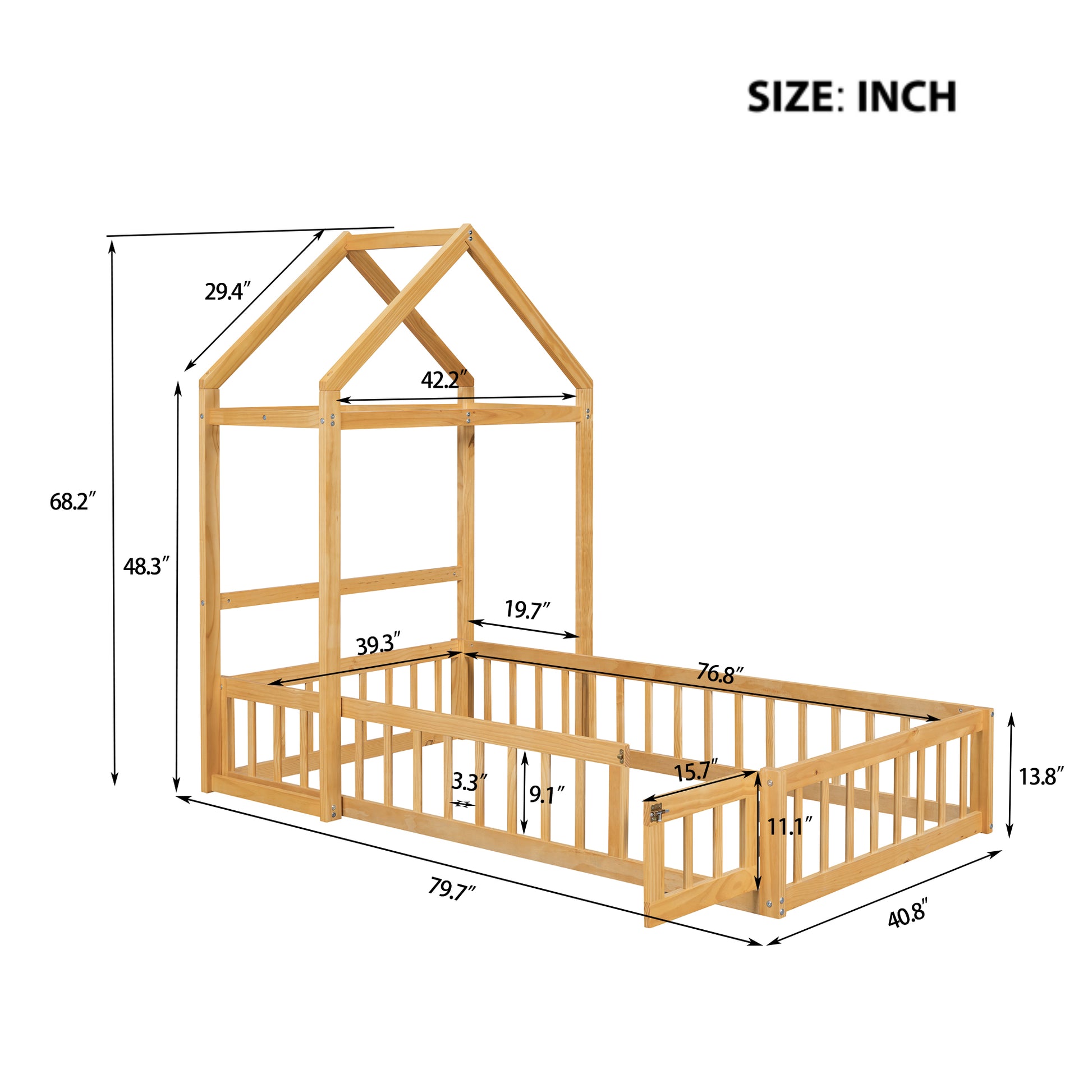 Wooden Floor Bed With Fence Railings And Detachable House Shape Headboard, Twin Size Bed With Kids Dress Up Rack, Kids Montessori Style Playhouse Frame For Girls Boys, Natural Twin Natural Wood