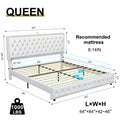Queen Size Bed Frame With Star Projector Galaxy Light, Adjustable Upholstered Headboard With Diamond Button, Usb Charger, Music Speaker, Pu Leather White Pu Mdf Metal