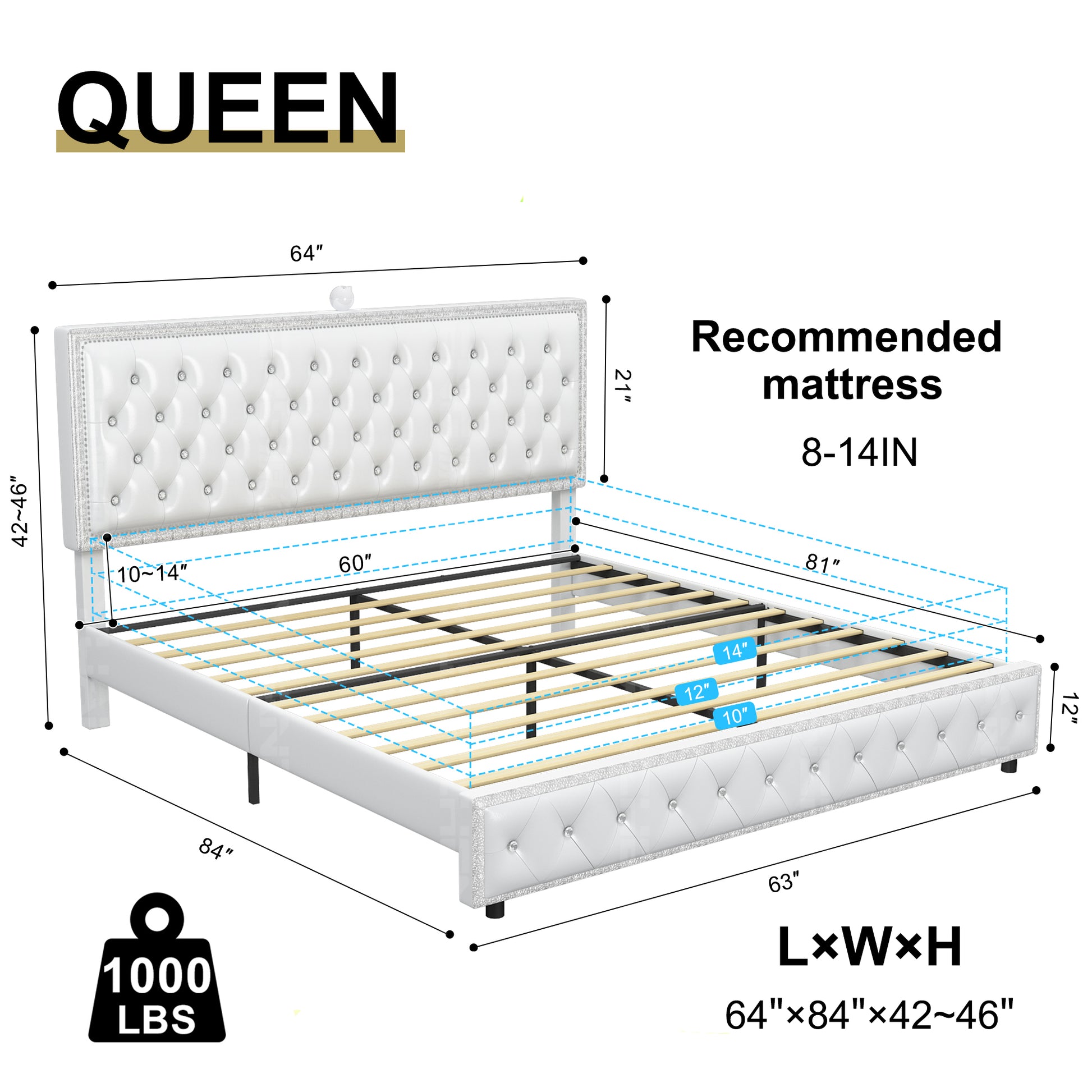 Queen Size Bed Frame With Star Projector Galaxy Light, Adjustable Upholstered Headboard With Diamond Button, Usb Charger, Music Speaker, Pu Leather White Pu Mdf Metal