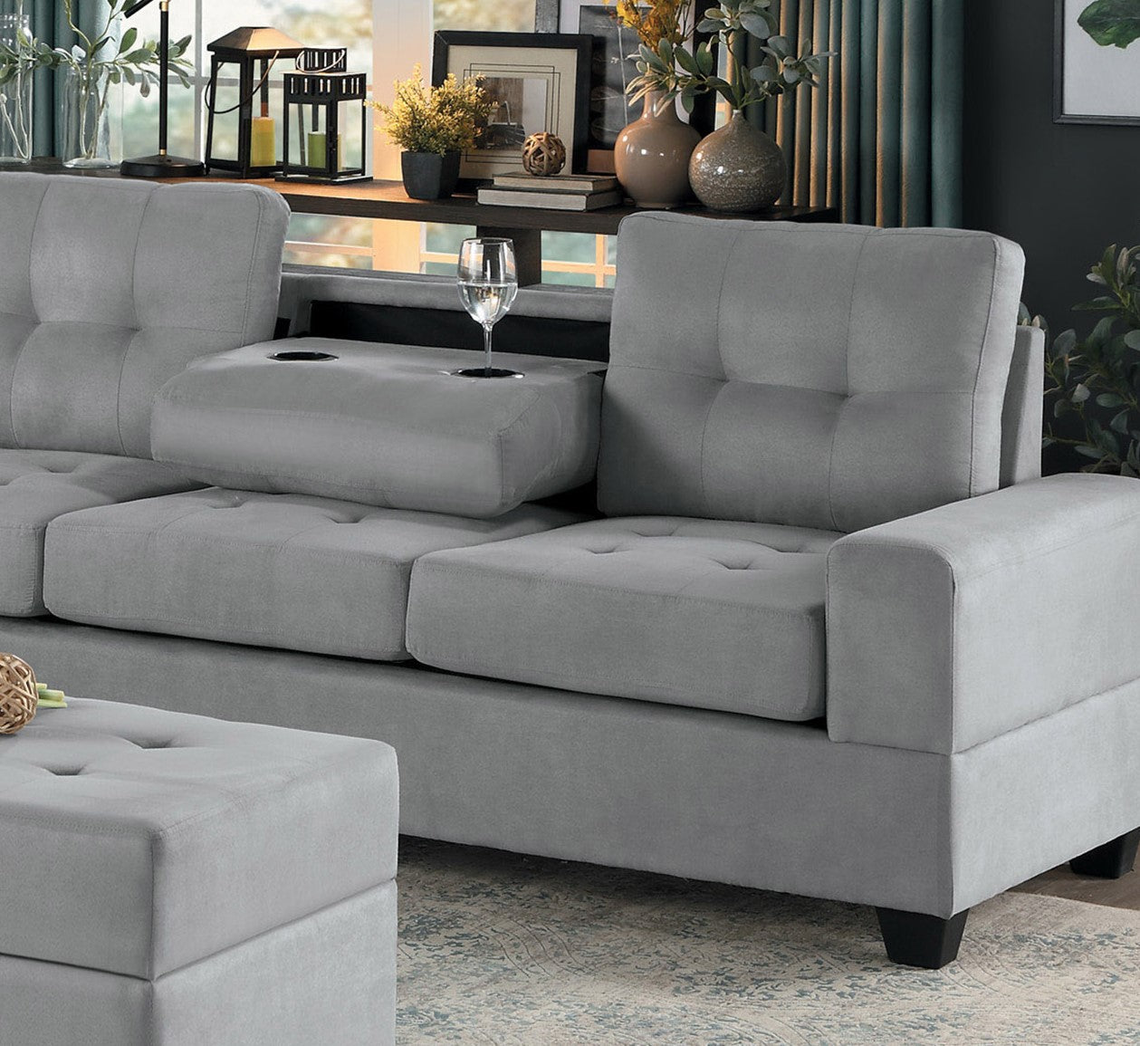 Modern Living Room 3 Piece Reversible Sectional With Drop Down Cup Holders Sofa Chaise Ottoman Storage Gray Microfiber Upholstered Tufted Details Gray Microfiber Wood Primary Living Space Modern L Shaped Plywood,Solid Wood 6 Seat