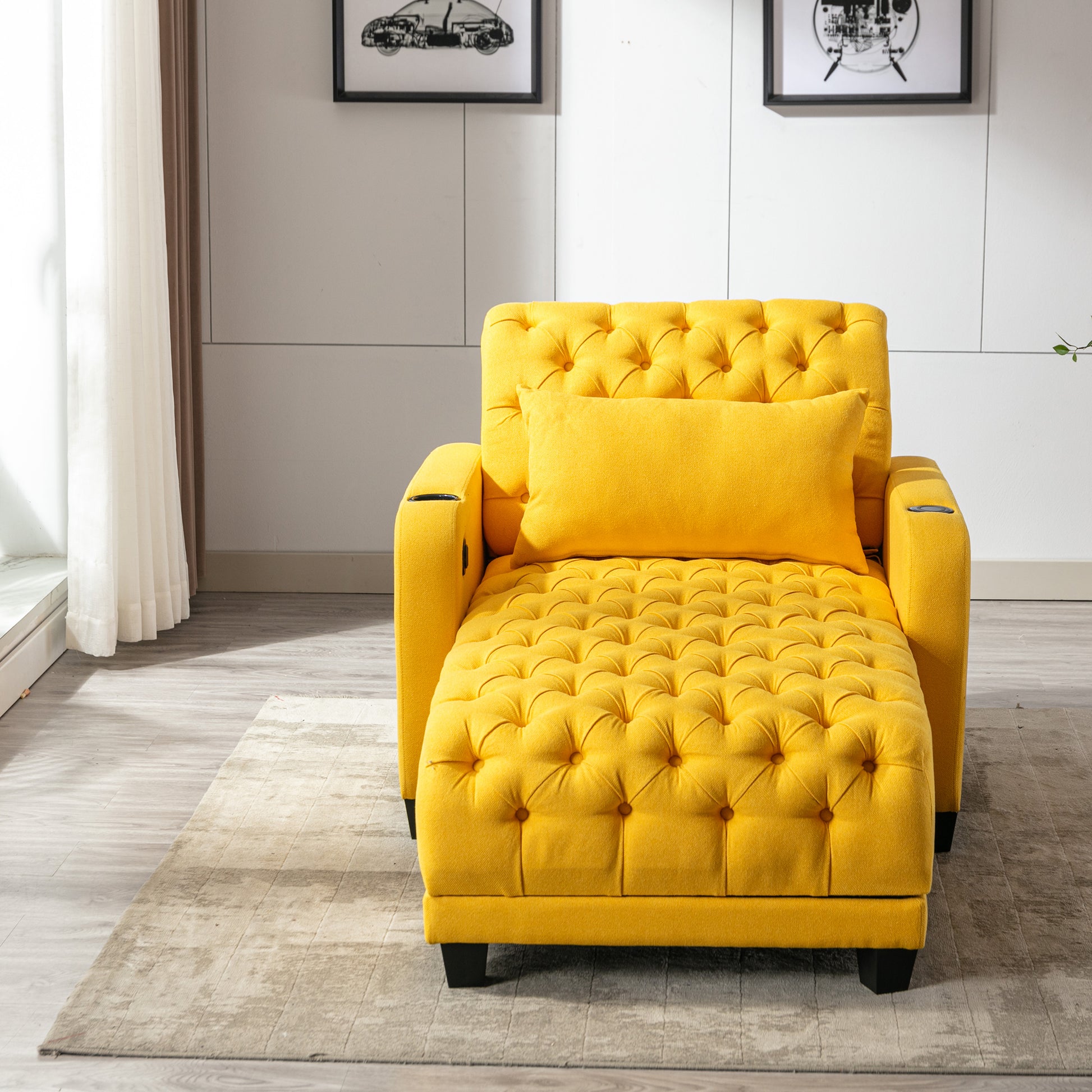 Coolmore Multifunctional Living Room Leisure Chaise Lounge Barry Tufted Comfy Armchair Wireless Charging, Smooth Reclining Backrest & Lumbar Pillow For Home Apartment Yellow Linen Yellow Foam Linen