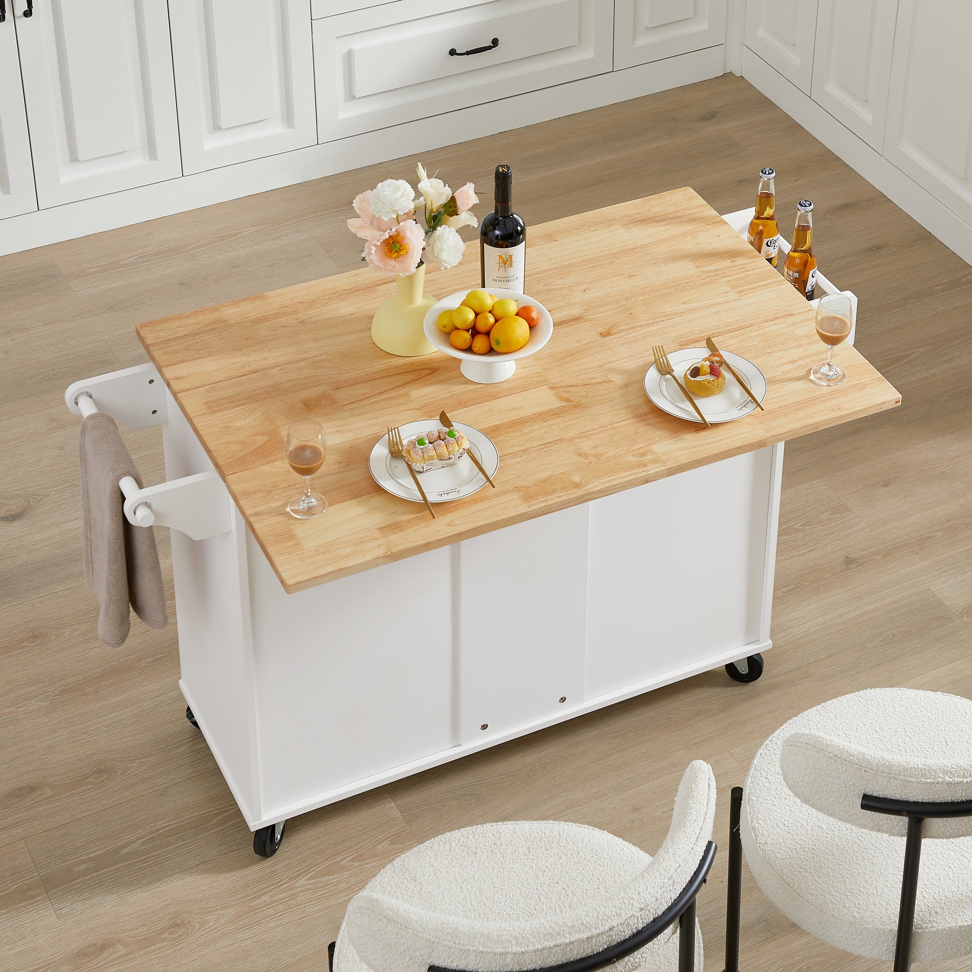 Kitchen Island With Drop Leaf Countertop, Rolling Kitchen Island Cartbarn Door Kitchen Island Table With Storage Cabinet And Tower Rack, Island Table On Wheels For Kitchen, White White White Rectangular Kitchen Carts Particle Board Medium 40 55In