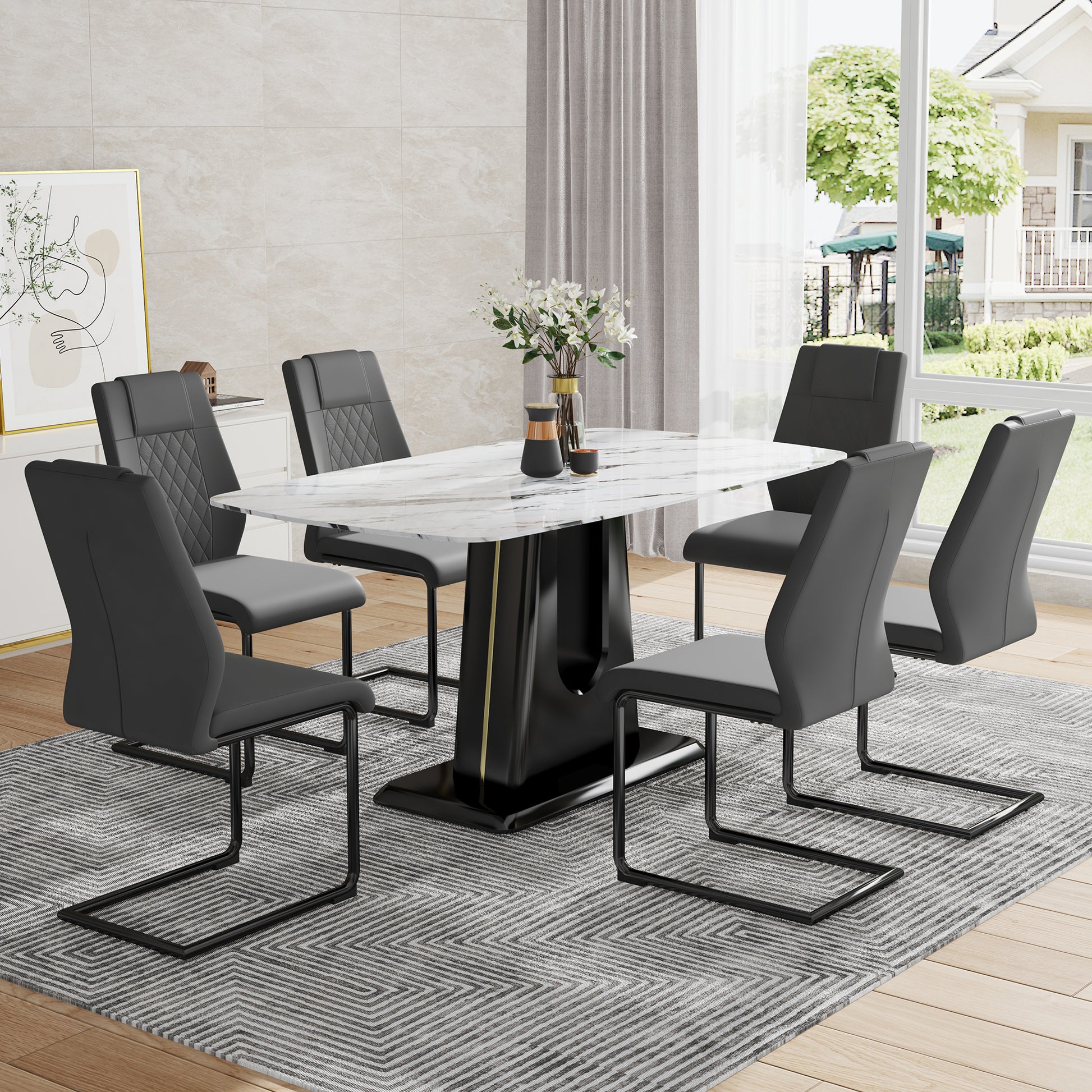 Table And Chair Set, Modern And Minimalist Dining Table, Imitation Marble Patterned Tabletop, Mdf Legs With U Shaped Brackets. Paired With Comfortable Chairs, Suitable For Dining And Living Rooms. Black Mdf Glass