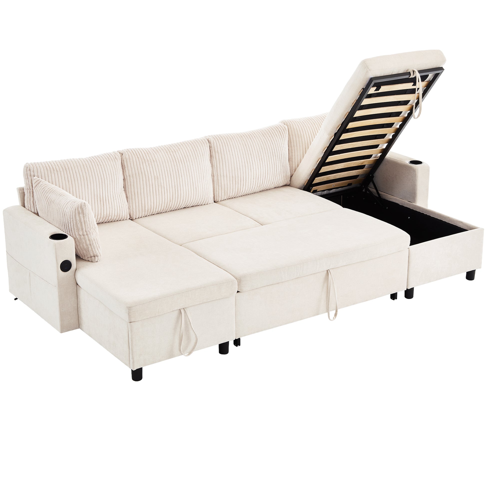 111.8" Sectional Sofa Pull Out Sofa Bed Versatile Sofa Sleeper With Large Storage Space, Two Usb Ports And Two Cup Holders For Living Room, Beige Beige Foam Chenille 4 Seat