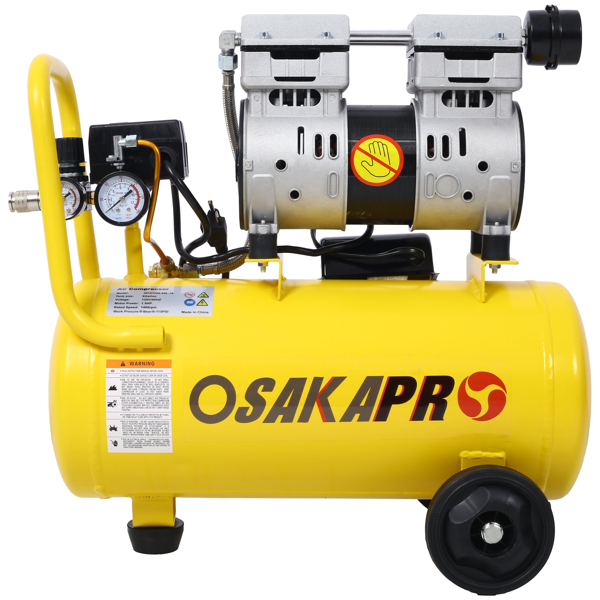 1.5Hp Ultra Quiet Air Compressor 8 Gallon, Oil Free, Electric Shop Air Compressor Portable,Lightweight With Wheels, 70 Dba Noise Level, With Automatic Drain Valve,Yellow Yellow Metal