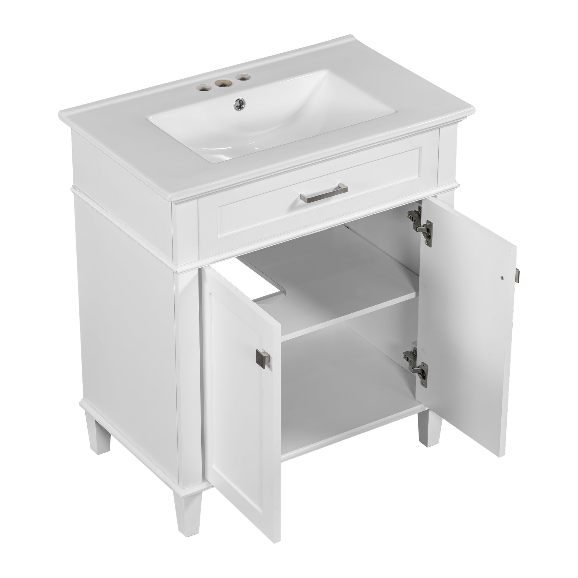 30 Inch Bathroom Vanity With Ceramic Basin, Soft Close Door And Adjustable Shelves White Bathroom Solid Wood Mdf