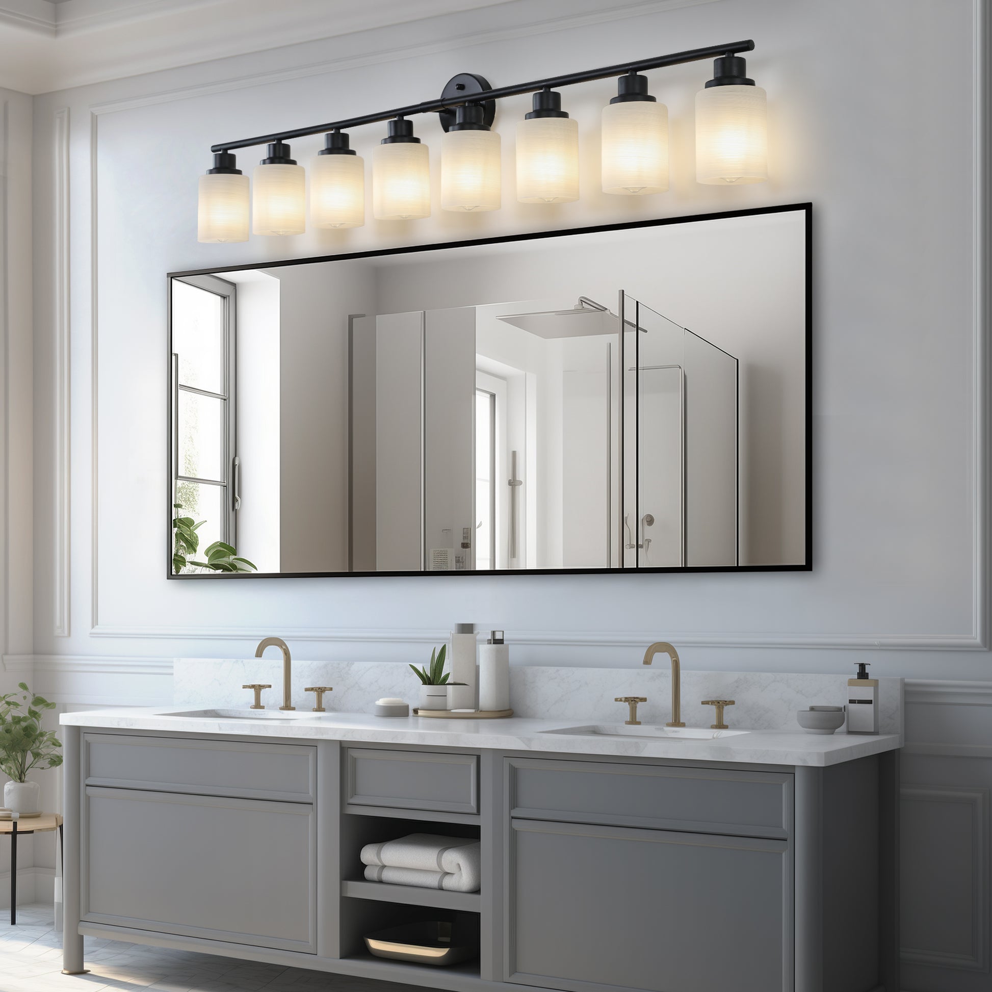 Modern 8 Light Vanity Bathroom Mirror Light, Frosted White Glass With Black Iron Frame, Contemporary Wall Sconce For Bedroom, Bathroom, And Dressing Room Bulb Not Included Black,White Glass,Iron