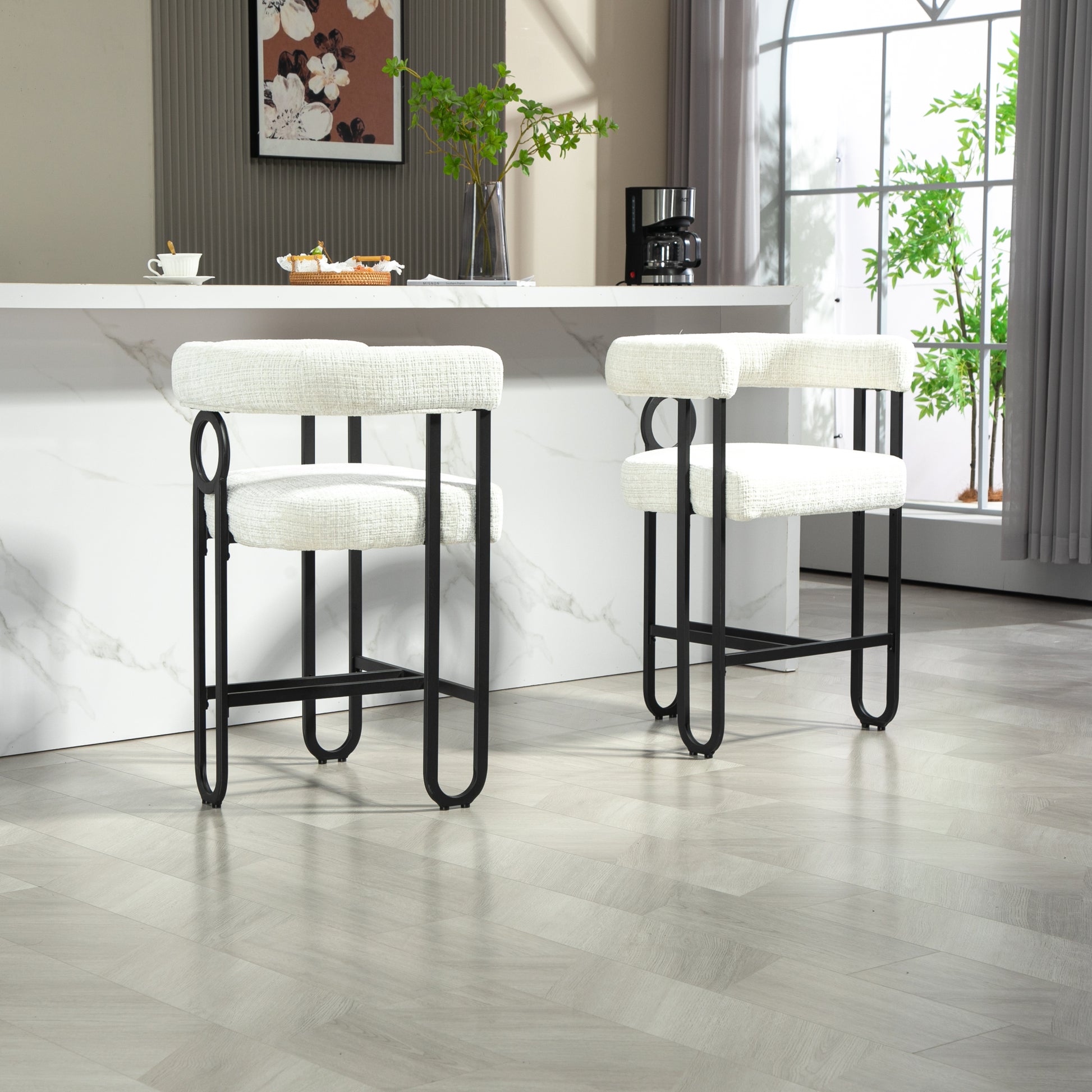 Coolmore Bar Stools Set Of 2, Modern Bar Stool With Back, Black Metal Frames, Upholstered Bar Stools For Kitchen Island, Pub, Club Beige Chenille Beige Dining Room Foam Chenille