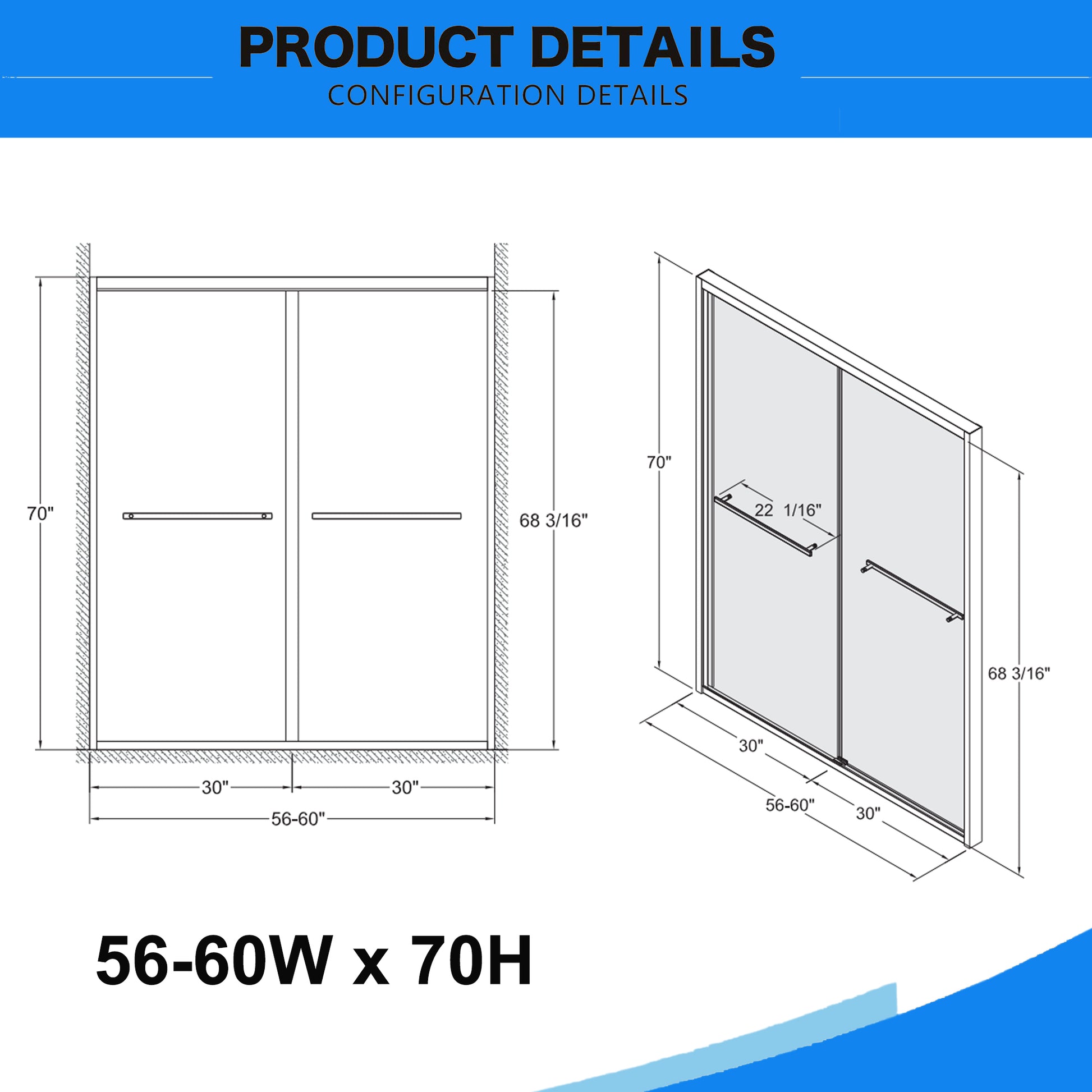 56 60 In. W X 70 In. H Semi Frameless Sliding ,Bathroom Sliding Door With Premium 5 16" 8Mm Clear Tempered Glass, Black Hardware Double Sliding Glass Shower Enclosure,Matte Black Finished Matt Black Bathroom American Design Aluminium Alloy