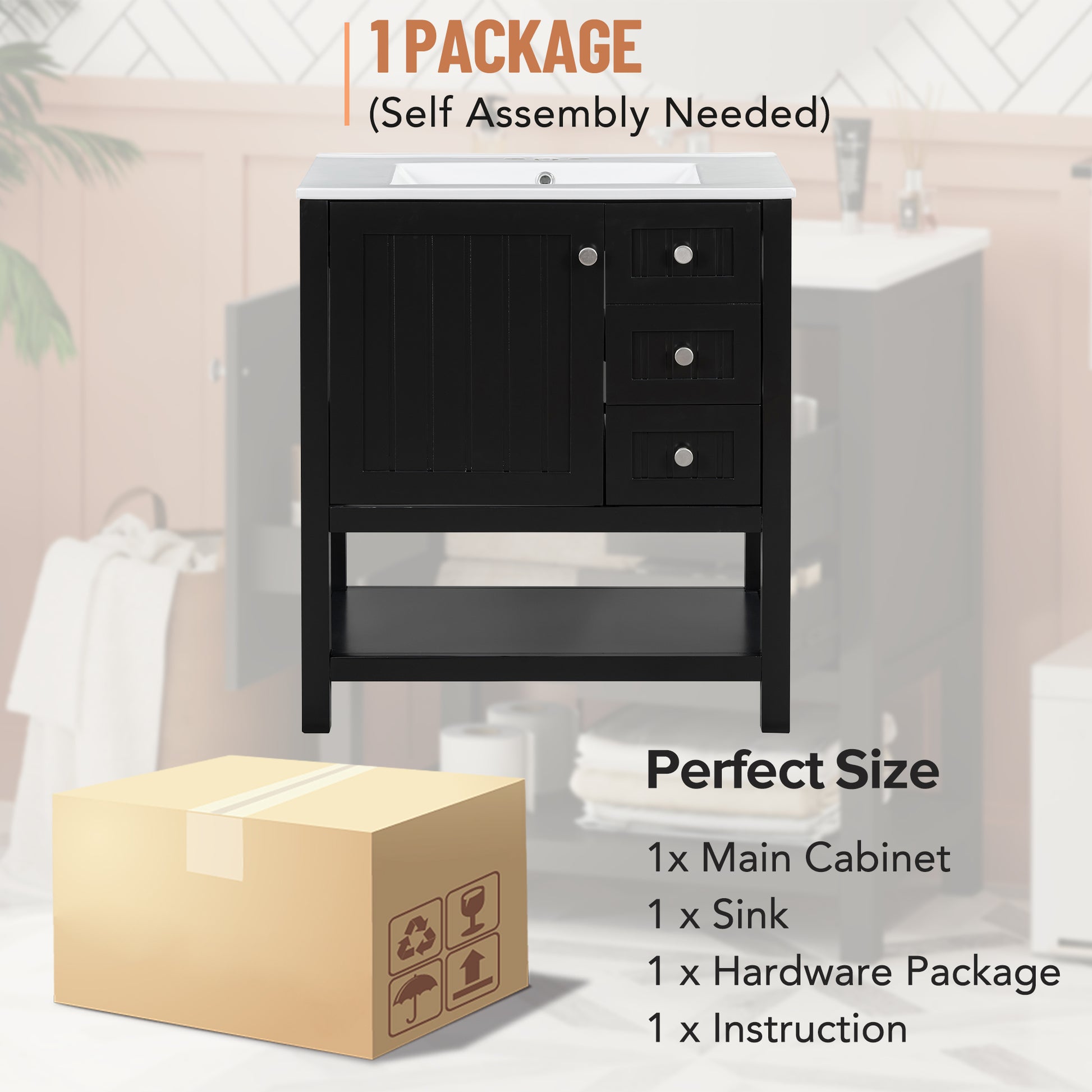 30Inch Transitional Style Bathroom Vanity Cabinet Combo With Ceramic Sink,Soft Close Door Black Bathroom Solid Wood Mdf