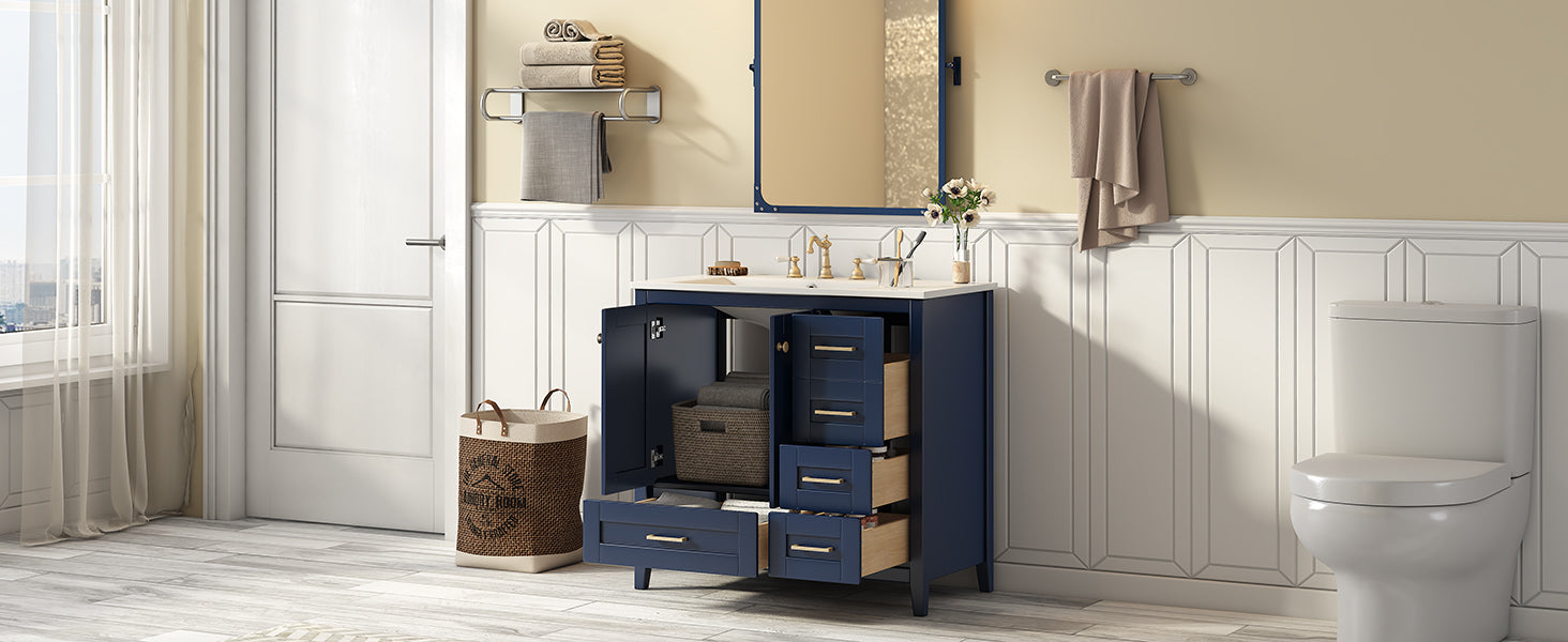 36'' Bathroom Vanity With Sink Combo Set, Modern Bathroom Cabinet With 4 Drawers, Freestanding Wood Bathroom Vanity Set With Solid Wood Feet, Blue 4 Blue 2 Adjustable Hinges Bathroom Freestanding Modern Solid Wood Mdf Resin Painted