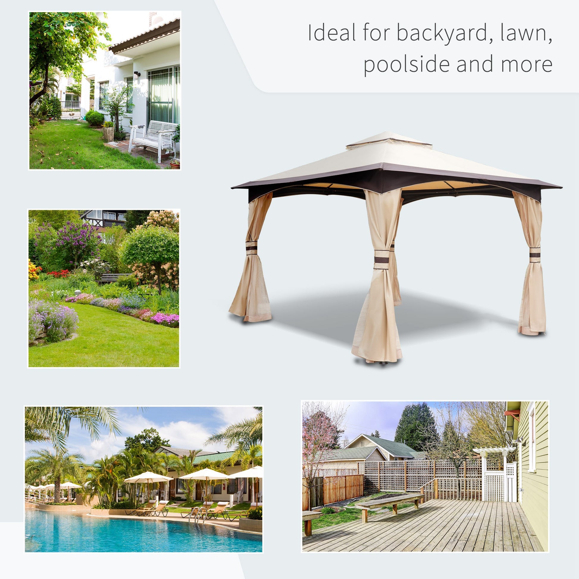 Outsunny 10' X 12' Outdoor Gazebo With Netting And Curtains, Patio Gazebo Canopy With 2 Tier Soft Top Roof And Steel Frame For Lawn, Garden, Backyard And Deck Beige Brown Steel