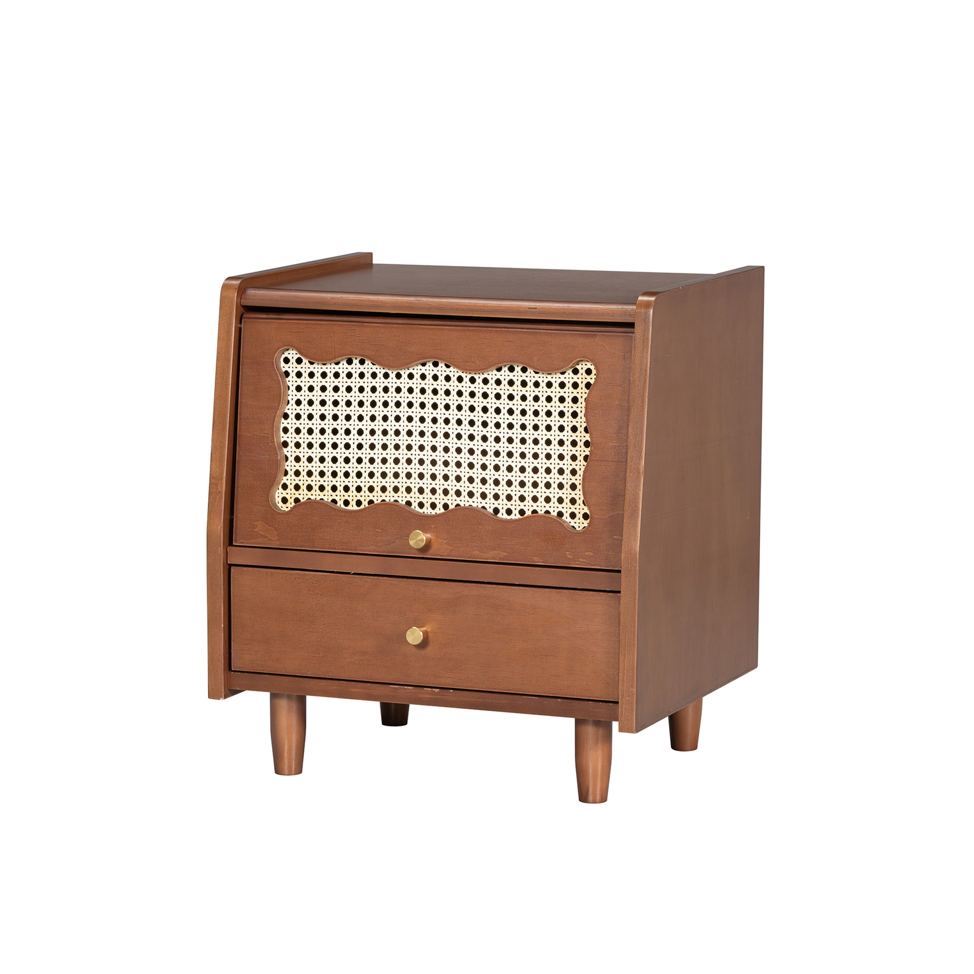 Wooden Nightstand With Rattan Woven Storage Cabinet And 1 Drawer, Exquisite Elegance With Natural Storage Solutions For Bedroom, Walnut Walnut 1 Drawer Wood