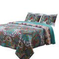 3 Piece King Size Cotton Quilt Set With Paisley Print, Teal Blue Blue Fabric
