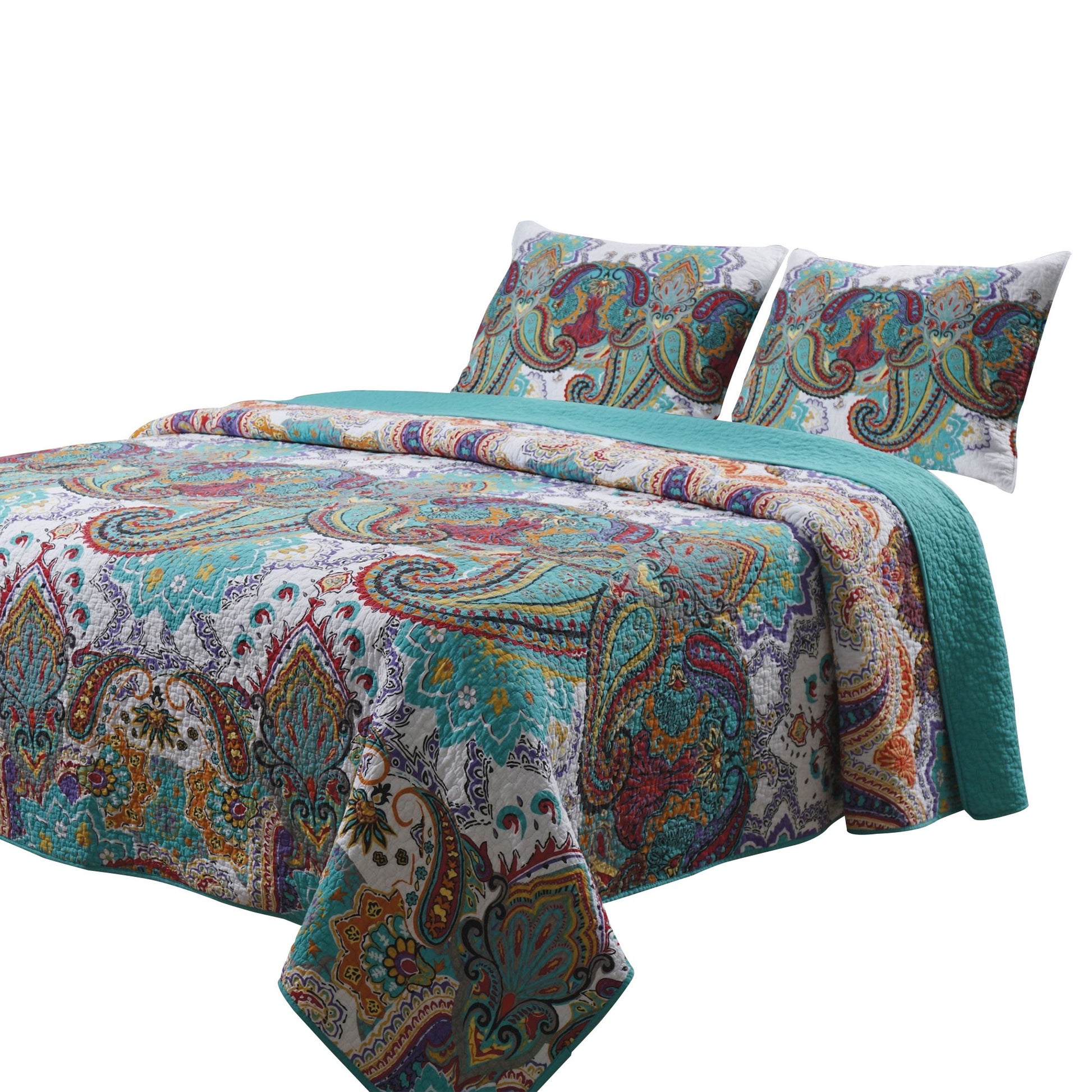 3 Piece King Size Cotton Quilt Set With Paisley Print, Teal Blue Blue Fabric