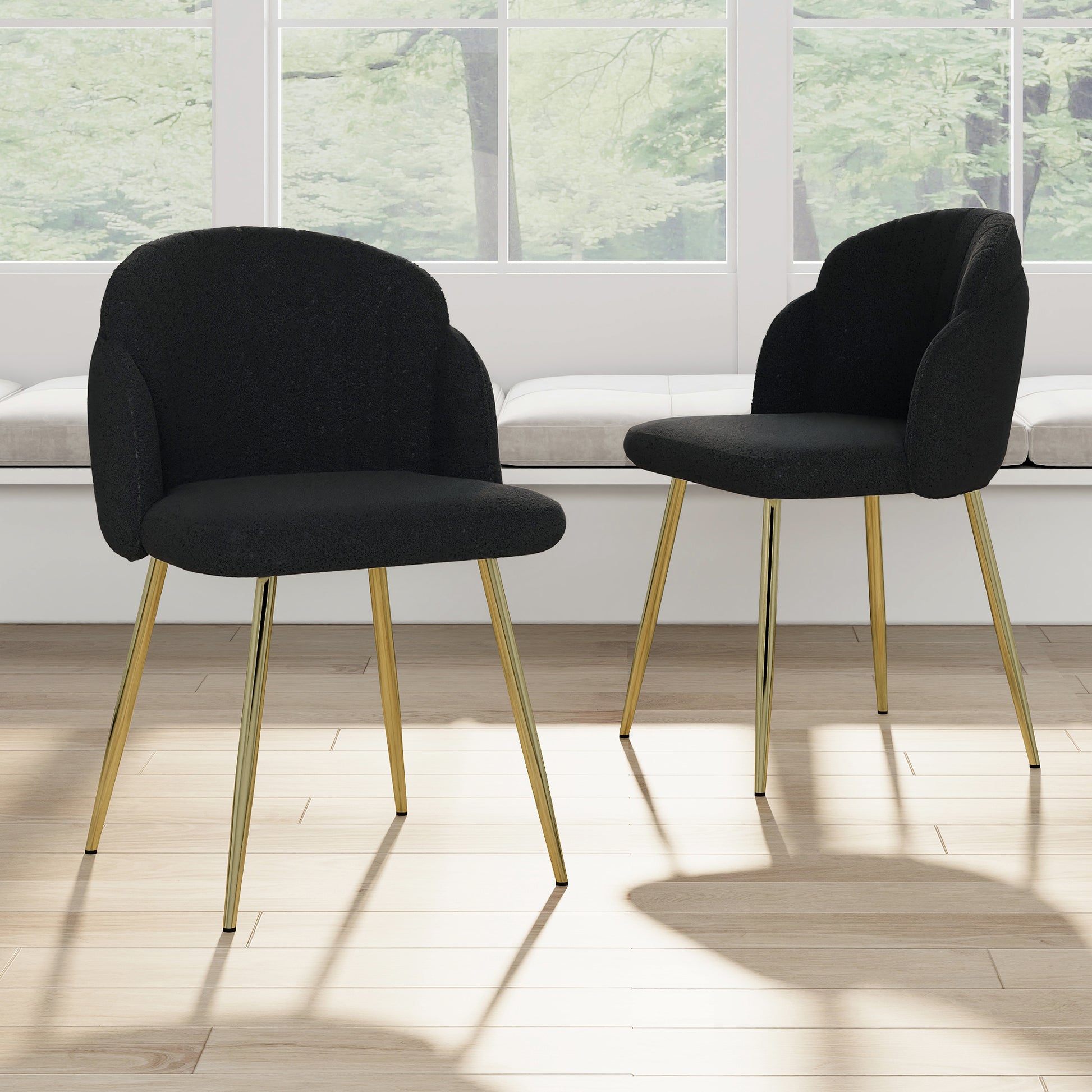 Modern Simple Black Teddy Fleece Dining Chair Fabric Upholstered Chairs Home Bedroom Stool Back Dressing Chair Gold Metal Legs Set Of 2 Black Foam Metal