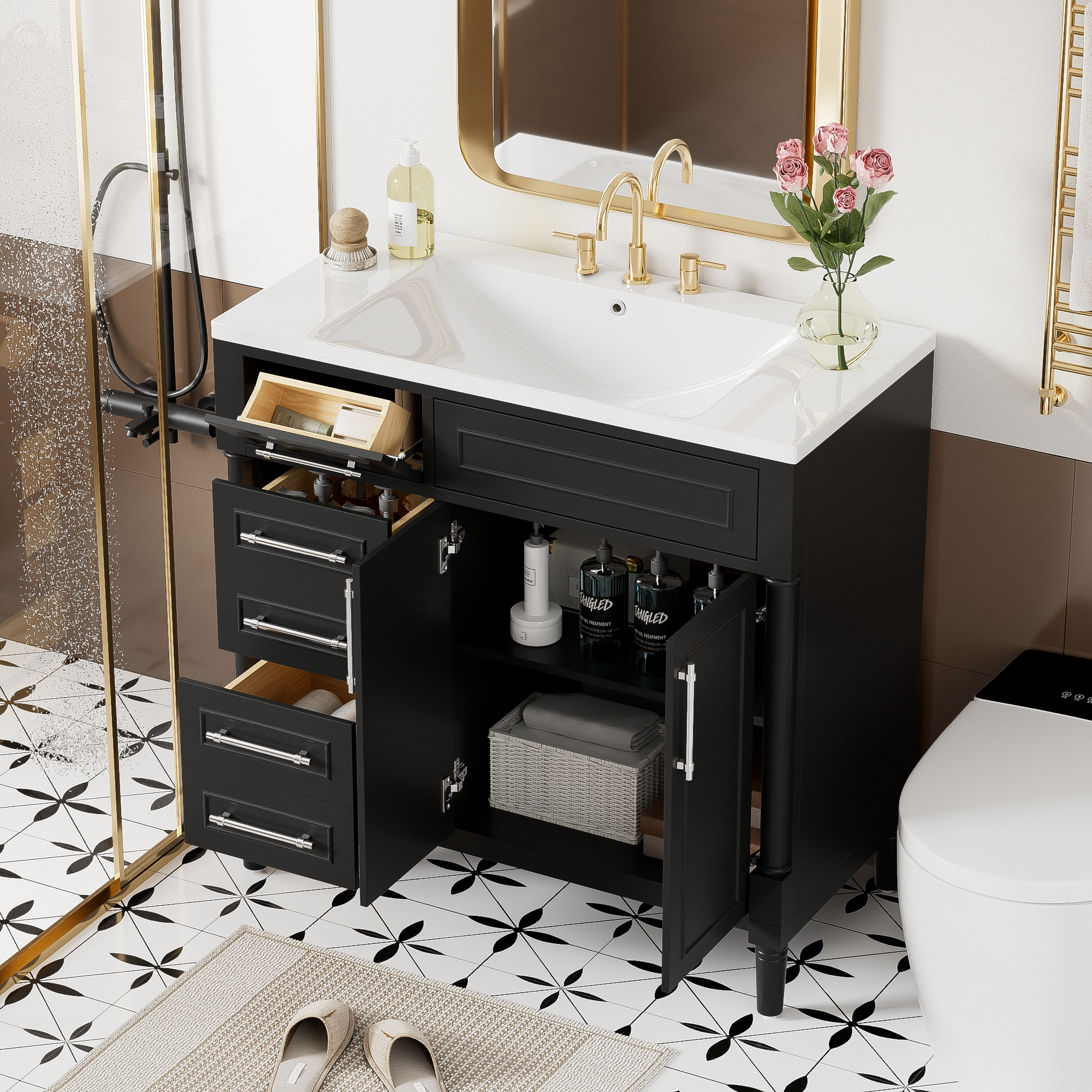 36'' Bathroom Vanity With Top Resin Sink, Freestanding Bathroom Storage Cabinet With 2 Drawers And A Tip Out Drawer, Solid Wood Frame Vanity Set, Height Adjustable Shelf Black Bathroom Solid Wood