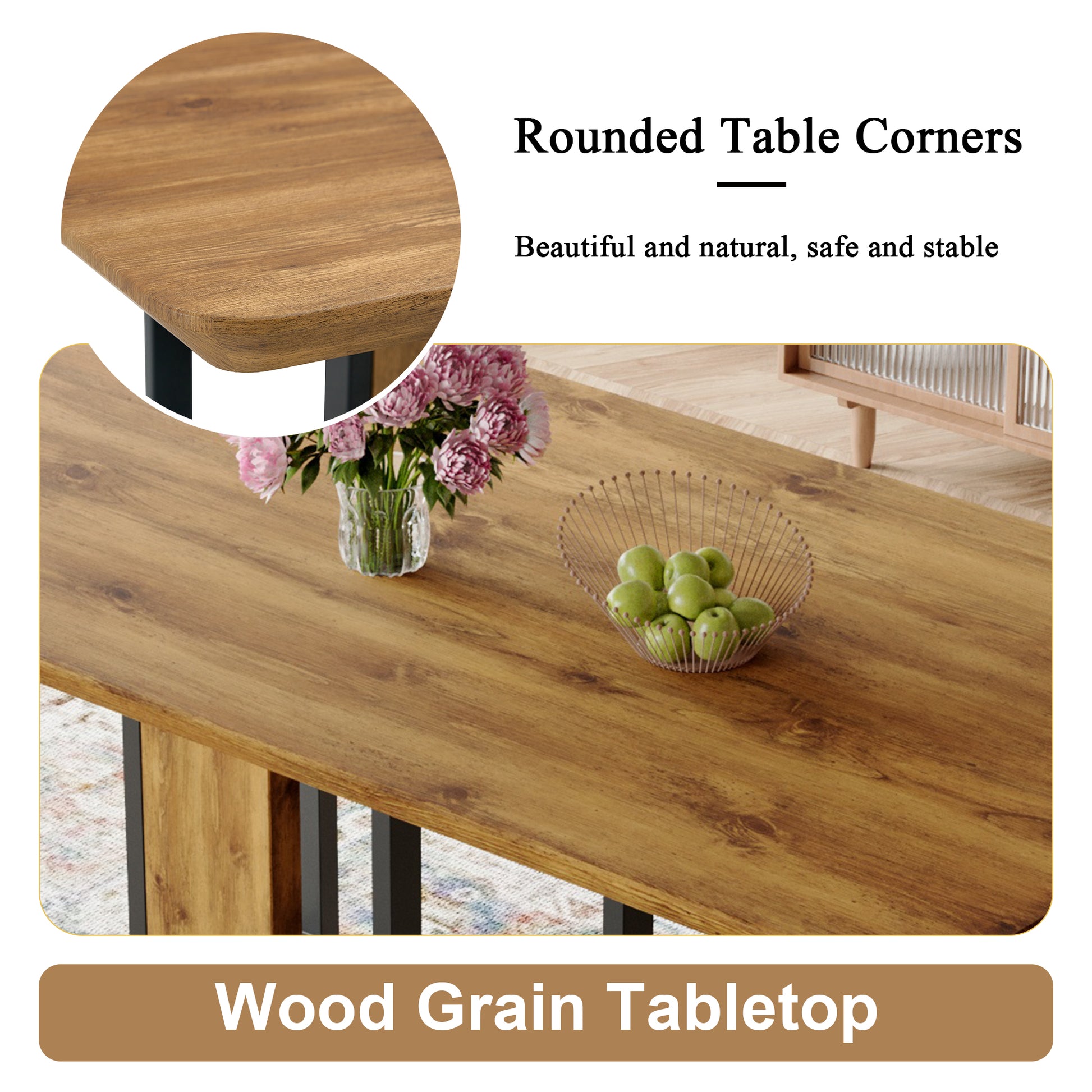 Table And Chair Set.67"X36" Wood Textured Mdf Dining Table Set With 6 Brown Suede Chairs.Mdf Sticker,Wood Colored Texture Sticker,Brown Armless Dining Chair,Suitable For Kitchen,Dining Room,Etc.