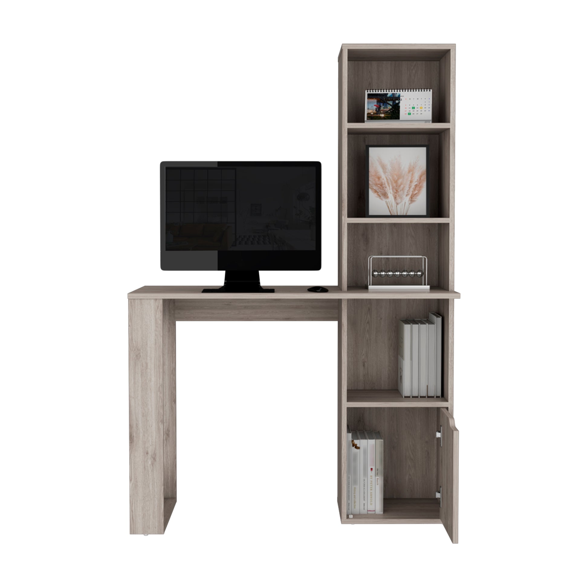 Oiwa Computer Desk With Bookcase And Cabinet Grey Particle Board Engineered Wood