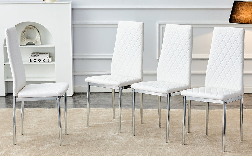 Grid Armless High Backrest Dining Chair, 4 Piece Set Of Silver Metal Legs White Chair, Office Chair. Suitable For Restaurants, Living Rooms, Kitchens, And Offices.W115162607 0924 White Pu