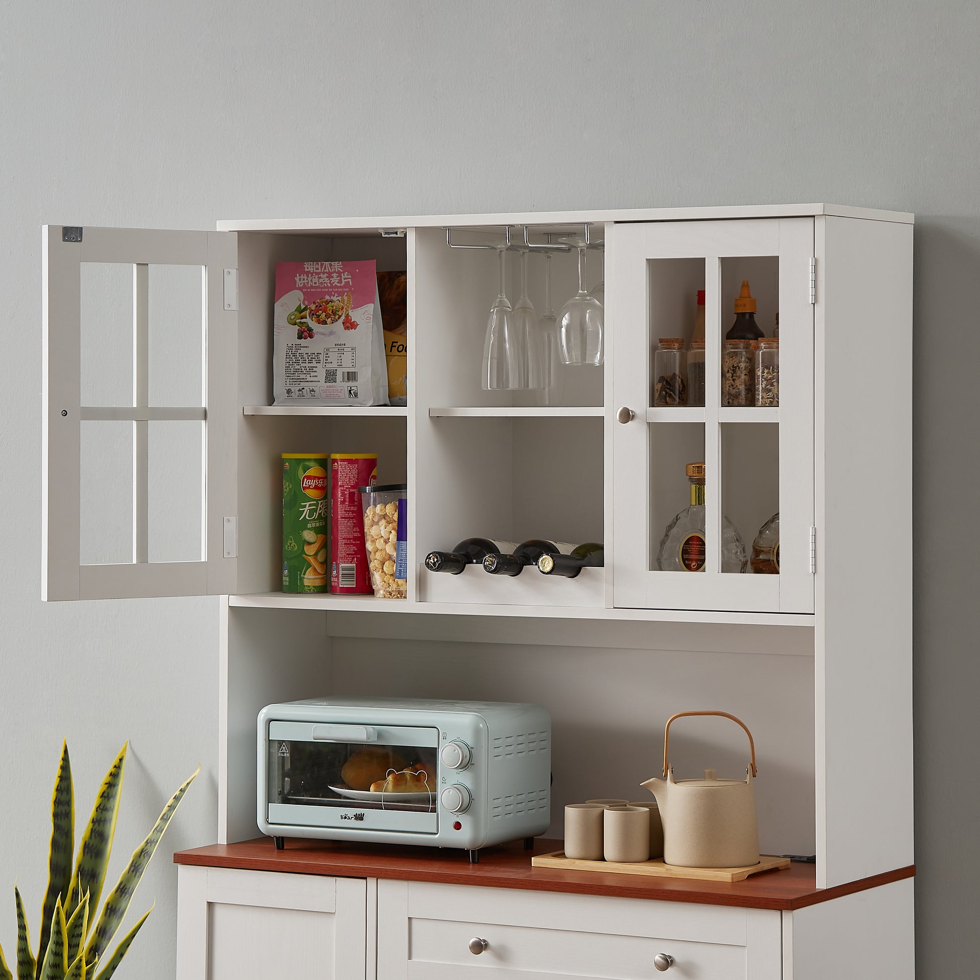 Kitchen Pantry Storage Cabinet, Modern Buffet Cabinet With Hutch, Tall Kitchen Hutch Cabinet With Microwave Stand, Food Pantry Cabinet For Dining Room, White, 39''W X 15.7''D X 68''H. White Particle Board