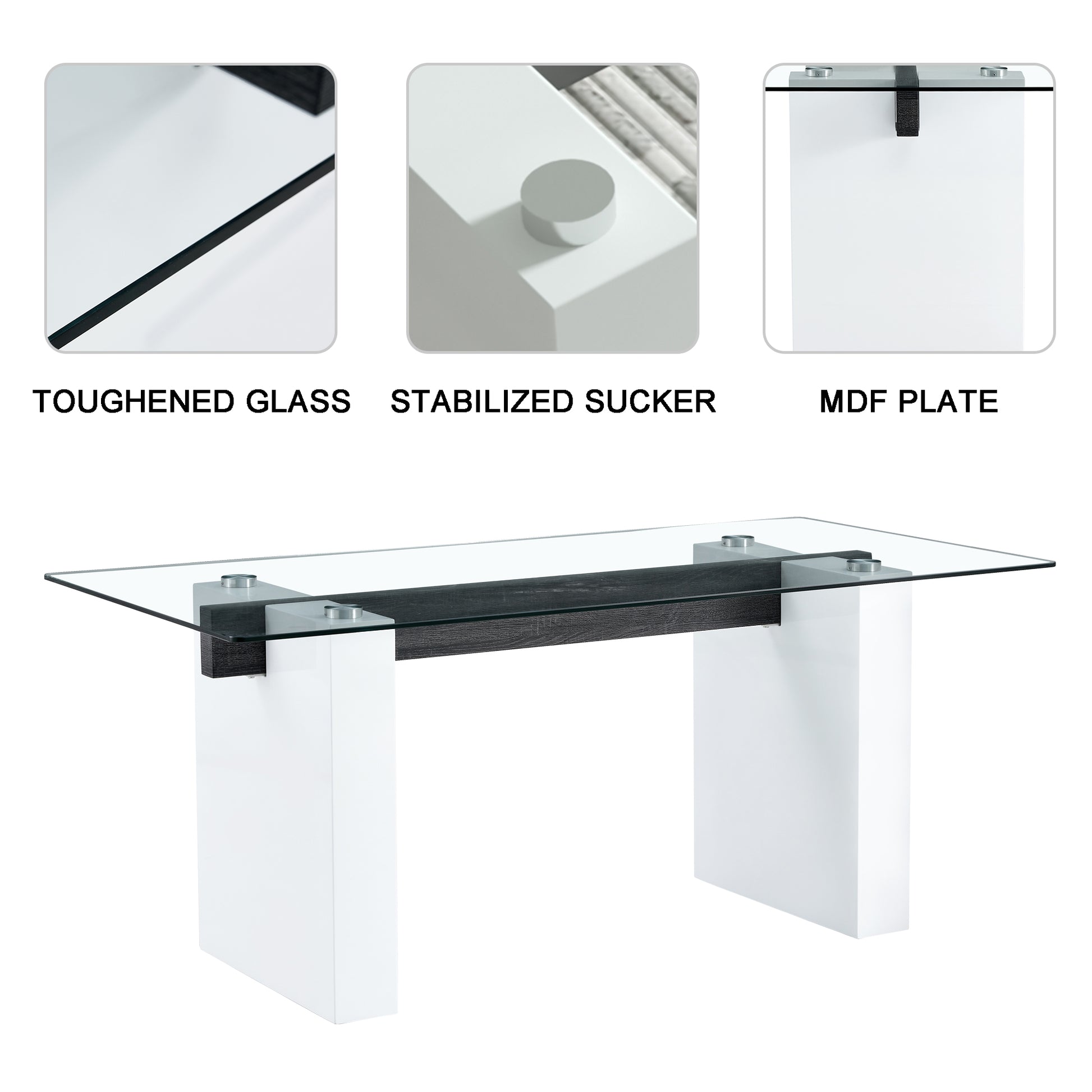 Table And Chair Set. Large Modern Rectangular Table With Glass Top And Large Mdf Legs. Comes With 6 Chairs With Faux Leather Upholstered Seats And Silver Metal Legs. White Seats 6 Mdf Glass