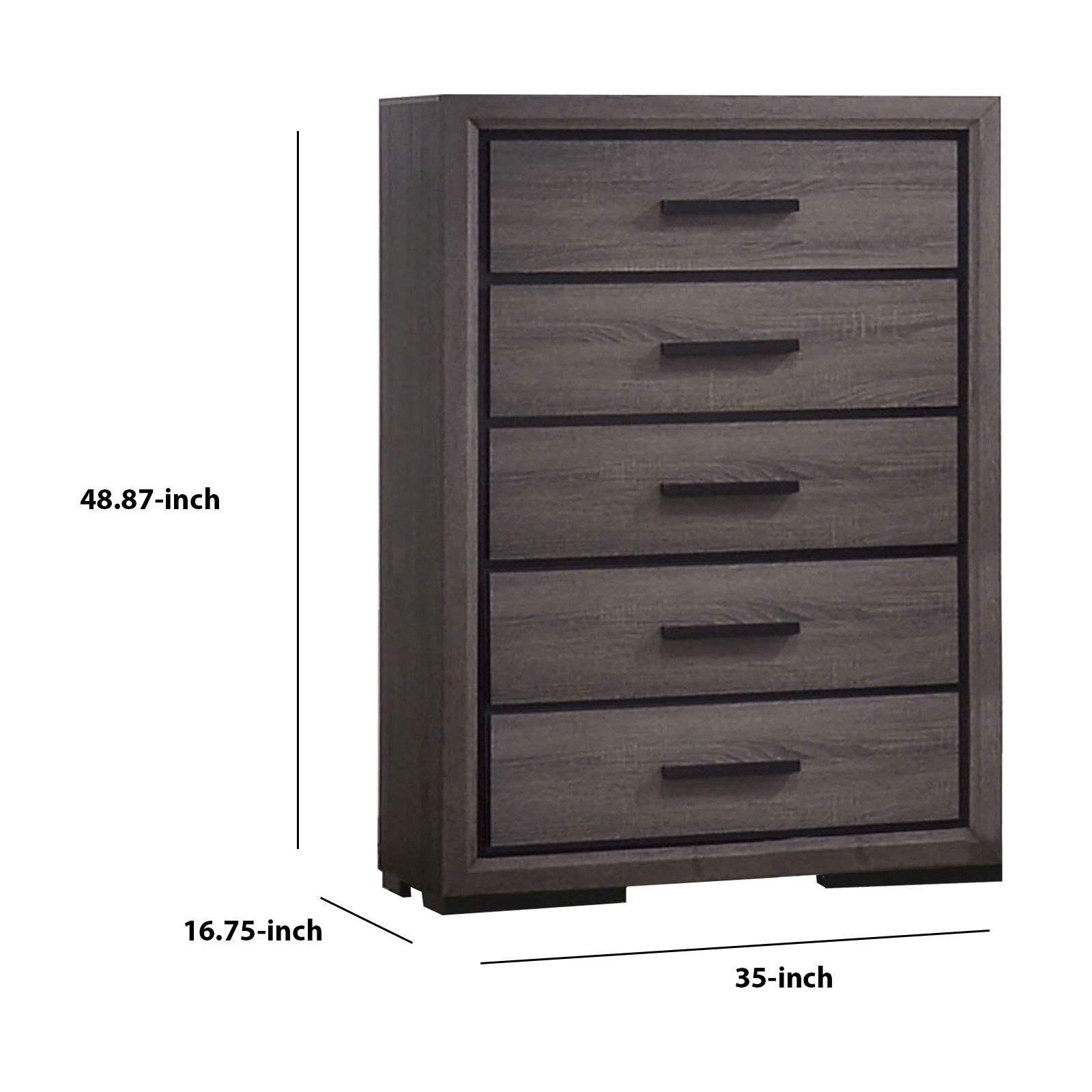 Wooden Chest With 5 Drawers And Finger Pull Handle, Gray And Black Black Gray Wood