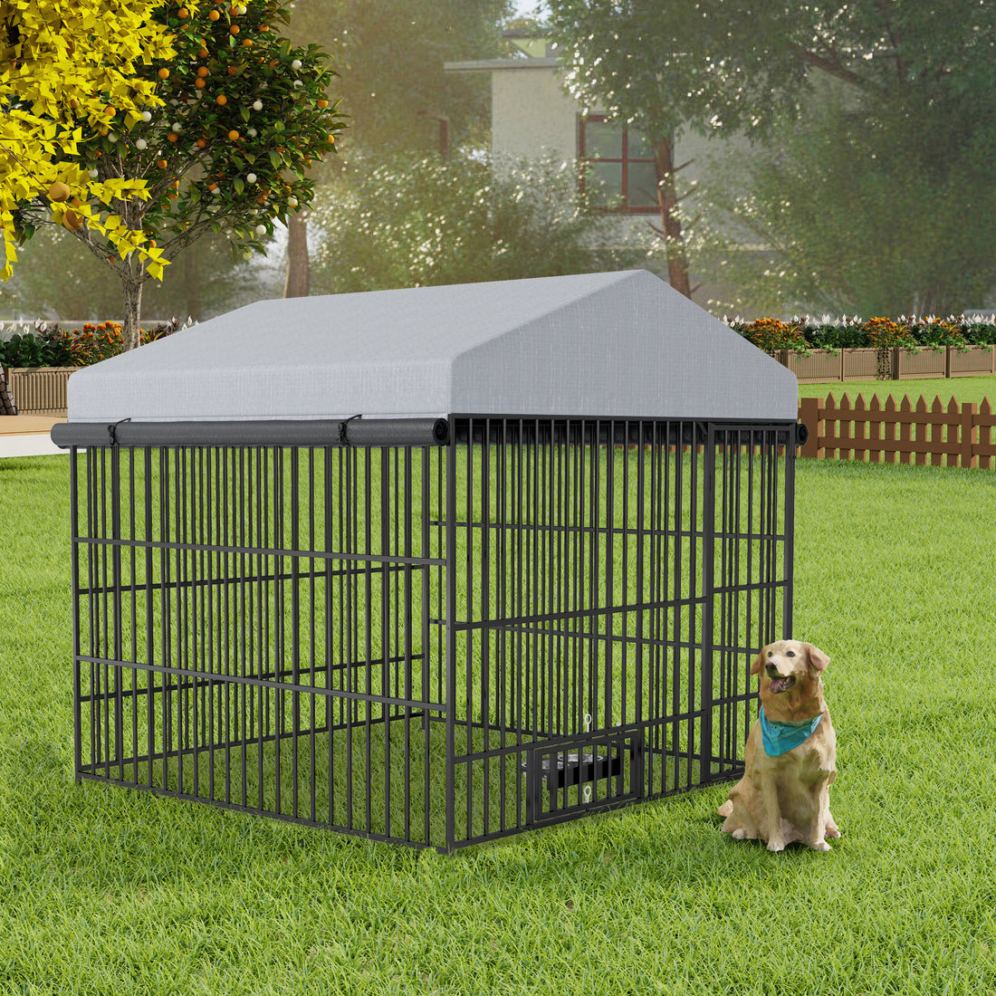 Large Dog Kennel Outdoor Pet Pens Dogs Run Enclosure Animal Hutch Metal Coop Fence With Roof Cover 6.6'L X 6.6'W X 6.4'H Black Gray Outdoor Kennel Modern,Sporty Xxl 91 Lbs Iron