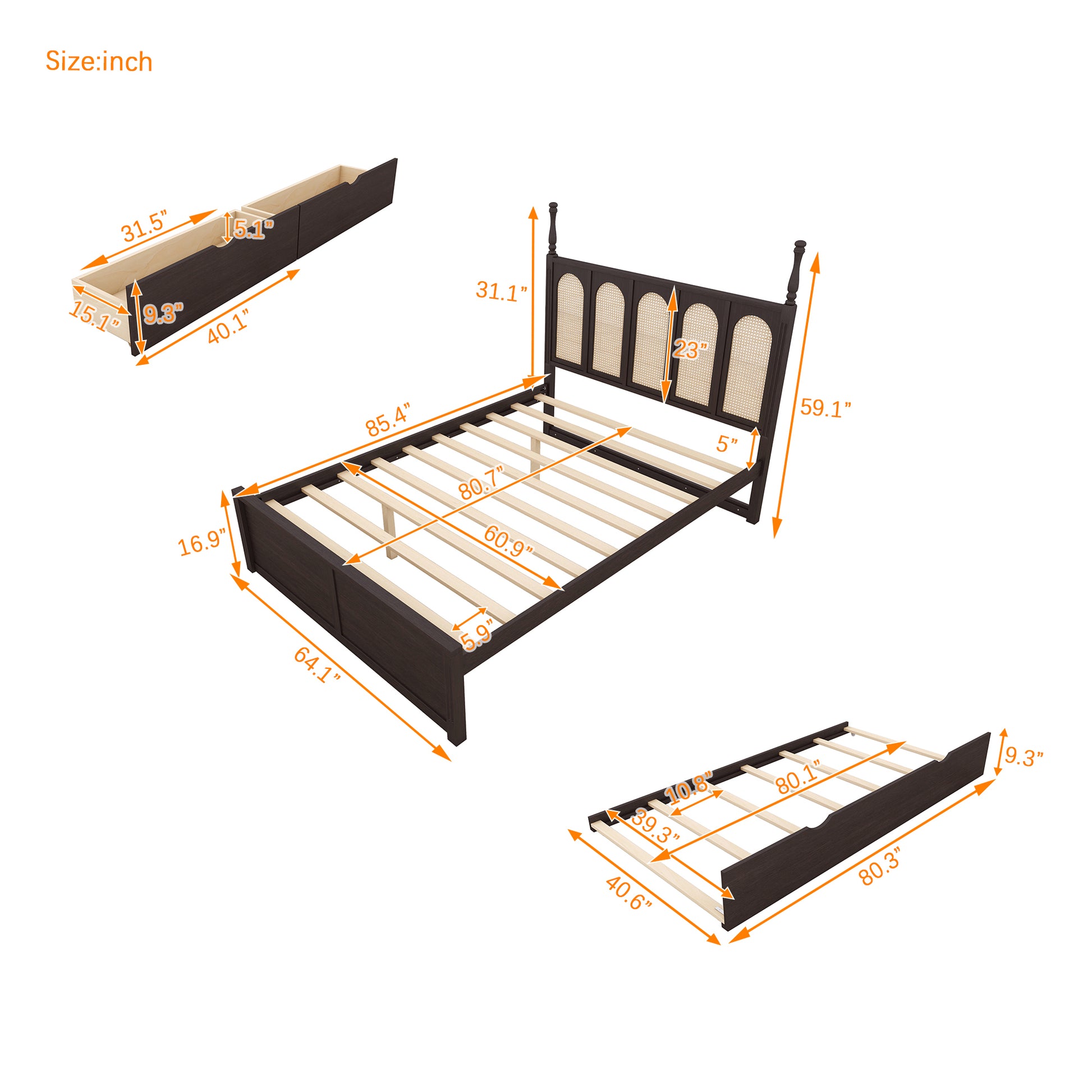 Queen Size Rattan Platform Bed With With 2 Big Drawers, T Size Trundle, Espresso Queen Espresso Plywood