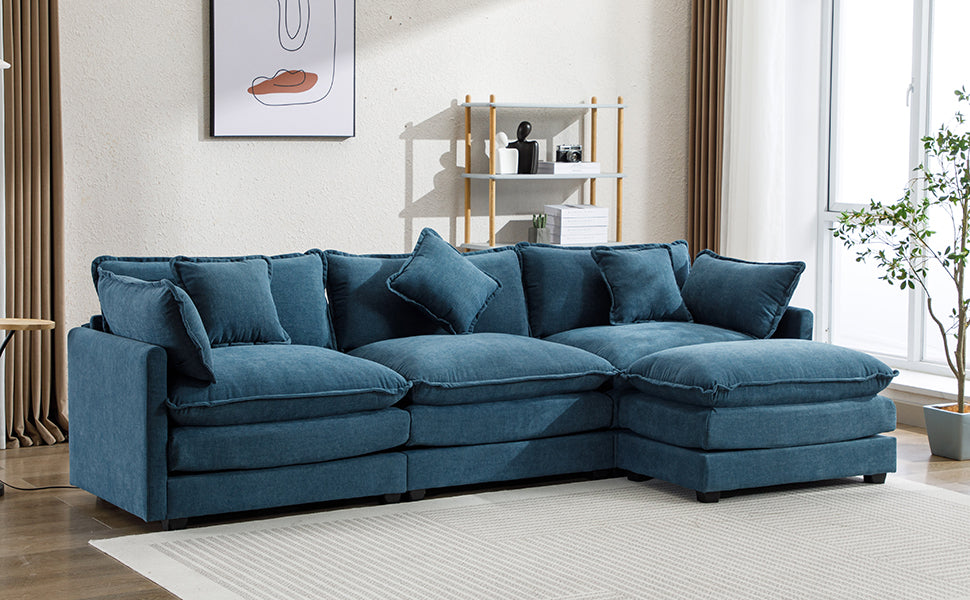 112.2" L Shape Chenille Upholstered Sofa For Living Room Modern Luxury Sofa Couch With Ottoman, 5 Pillows, Blue Blue Foam 4 Seat