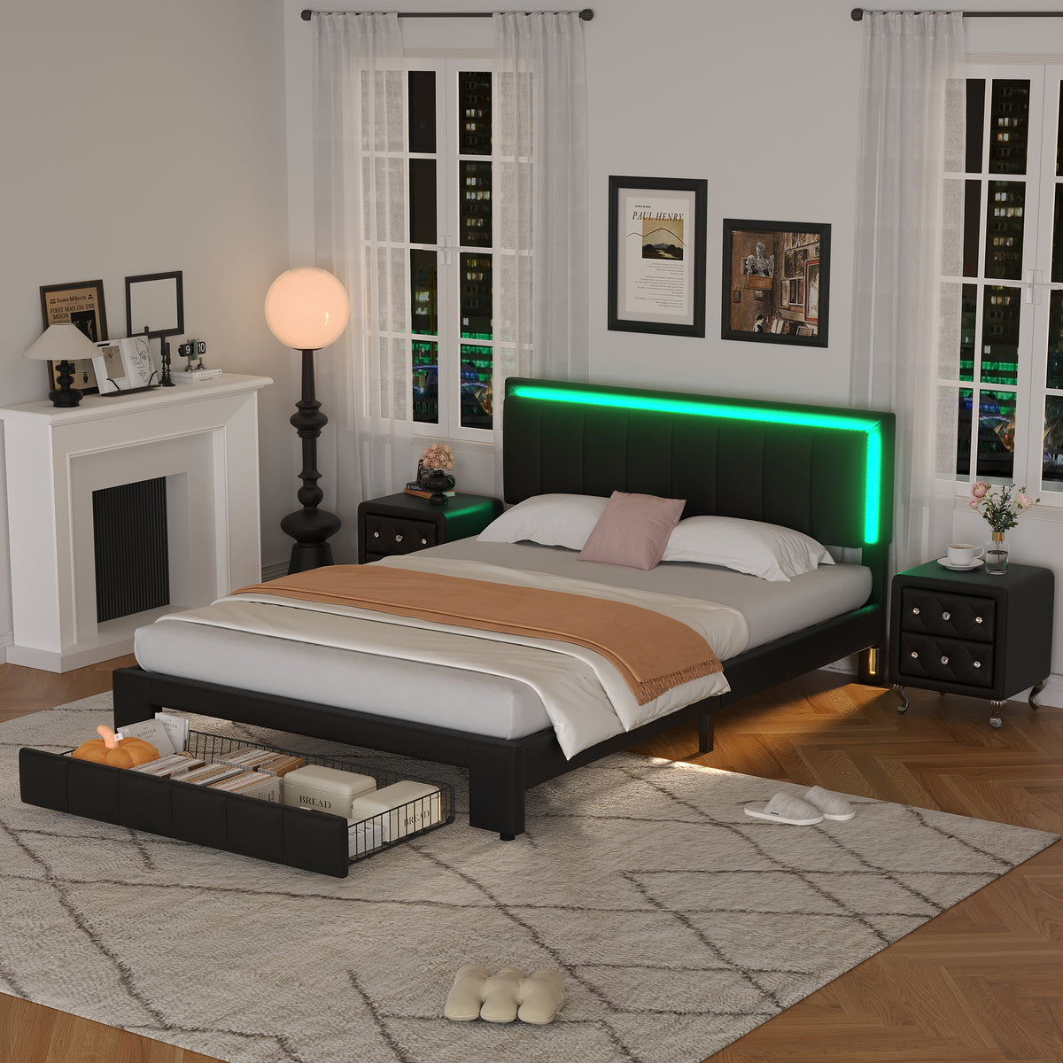 3 Pieces Bedroom Sets,Queen Size Upholstered Bed With Led Lights And Two Motion Activated Night Lights,Pu Nightstand With 2 Drawers And Crystal Handle,Black Queen Black 3 Piece Set Wood
