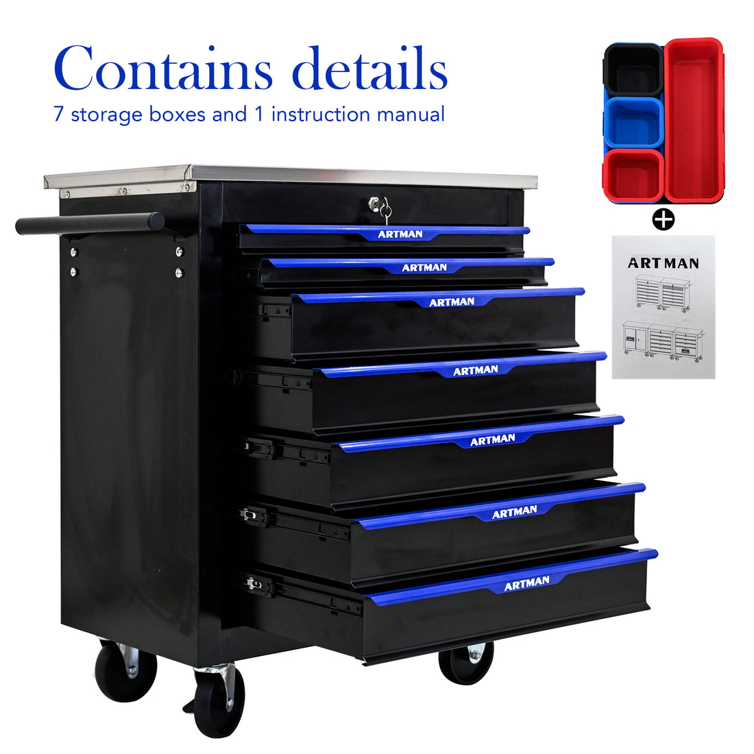 7 Drawers Multifunctional Tool Cart With Wheels Black Blue Black Blue Steel