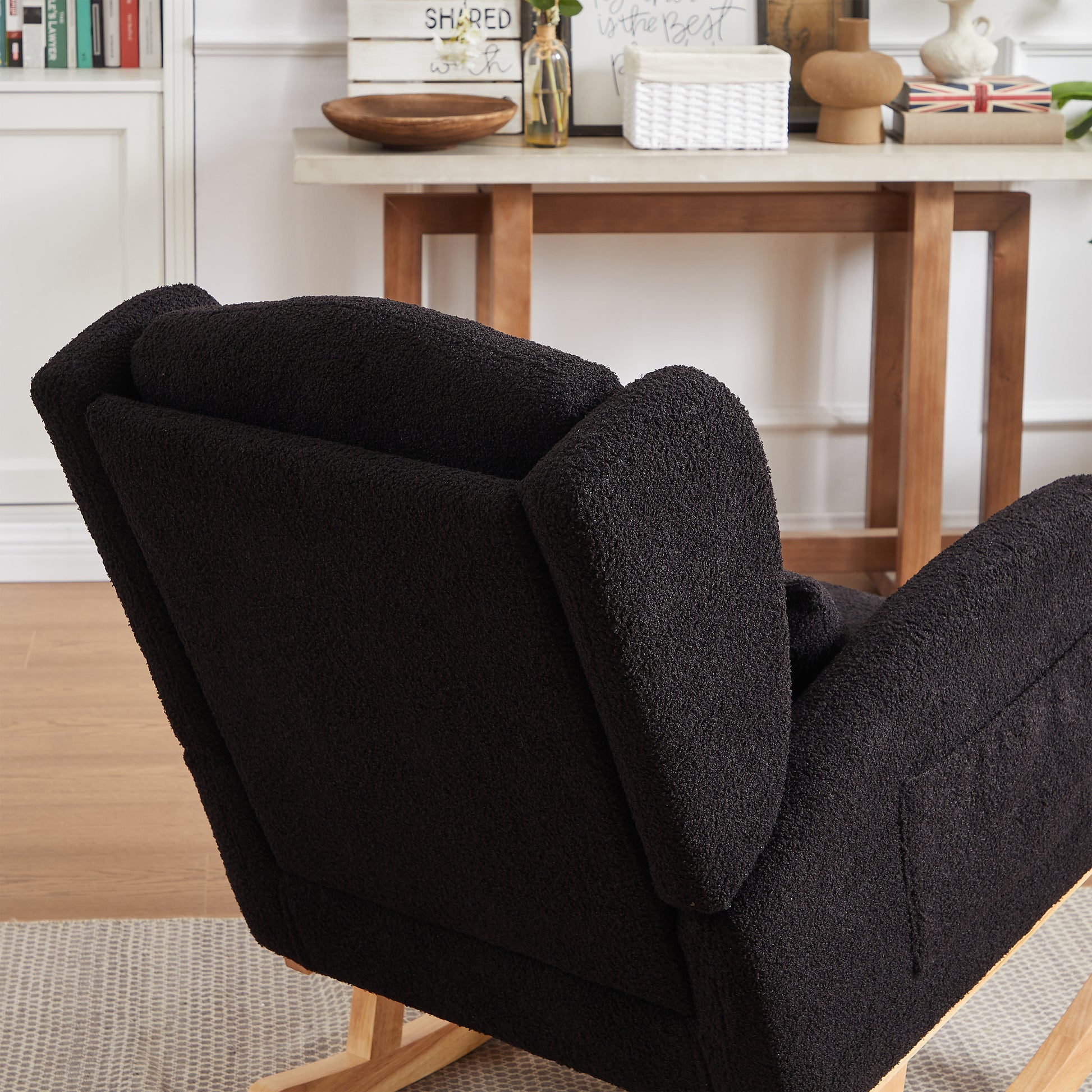 27.2"W Modern Accent High Backrest Living Room Lounge Arm Rocking Chair, Two Side Pocket Black Foam Fabric